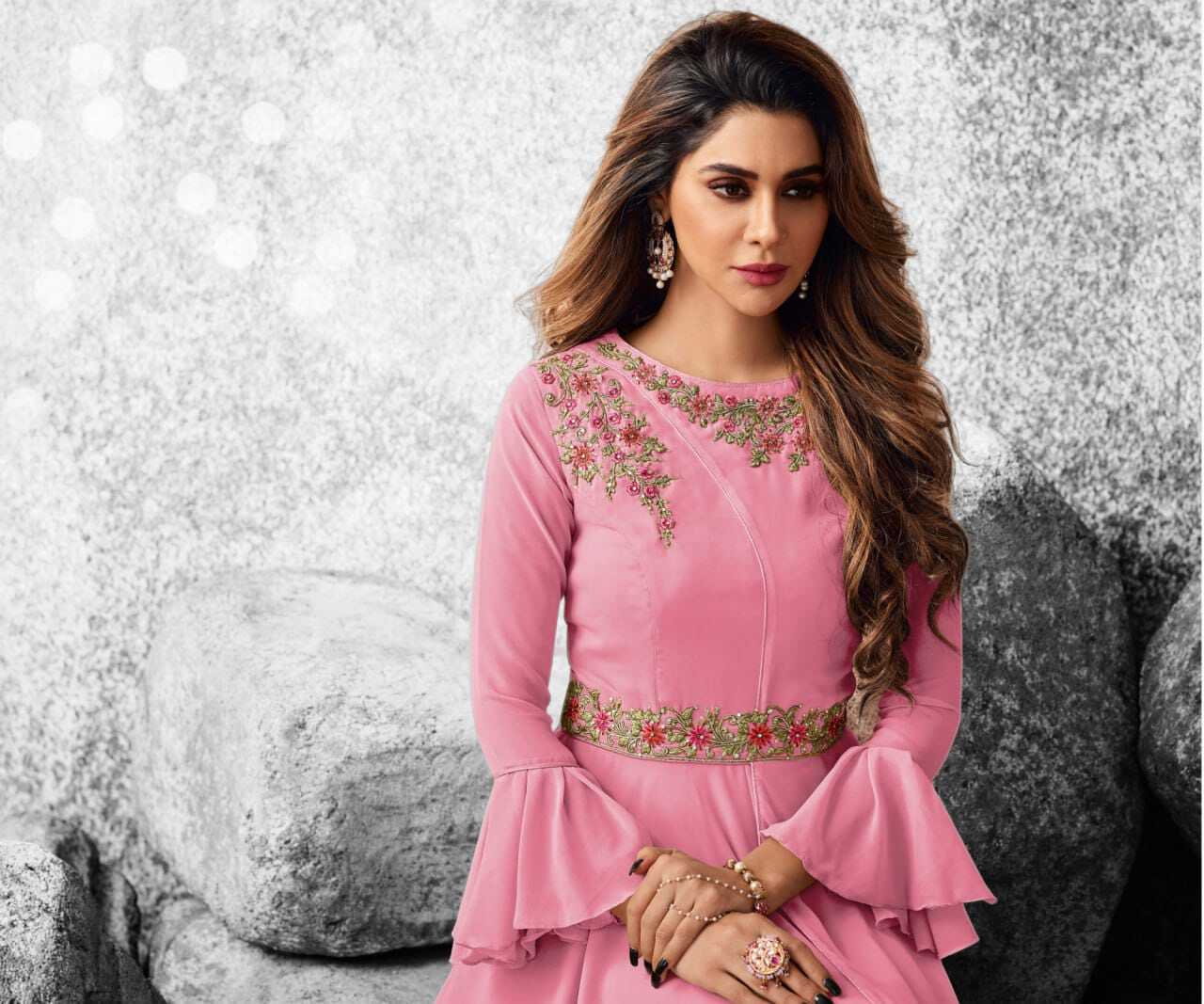 Fancy Long Gown - Georgette, 54 Inch Length, Pink, Sizes S-3xl | A-line Silhouette, Intricate Embroidery, Comfortable Fit, Stylish Look