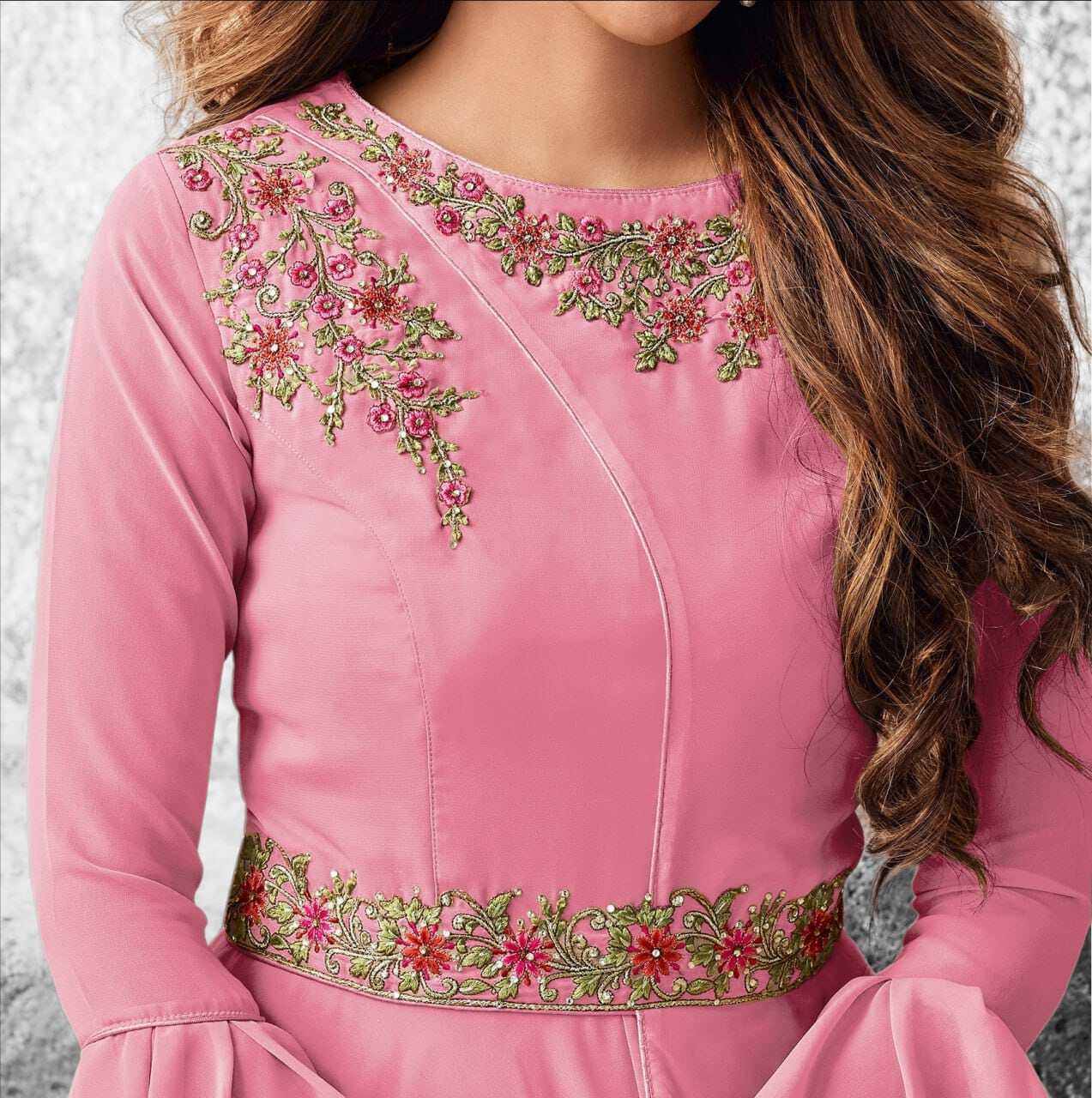 Fancy Long Gown - Georgette, 54 Inch Length, Pink, Sizes S-3xl | A-line Silhouette, Intricate Embroidery, Comfortable Fit, Stylish Look