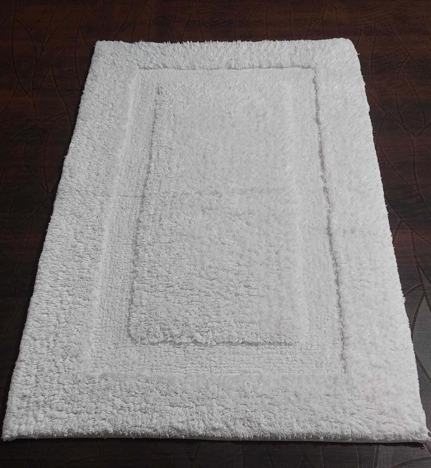 Hotel Squared Bath Rug - 100% Cotton, 50x80 Cm, White | Hand Tufted, Anti-slip, Quick Drying, Water Absorbent, European Modern Design