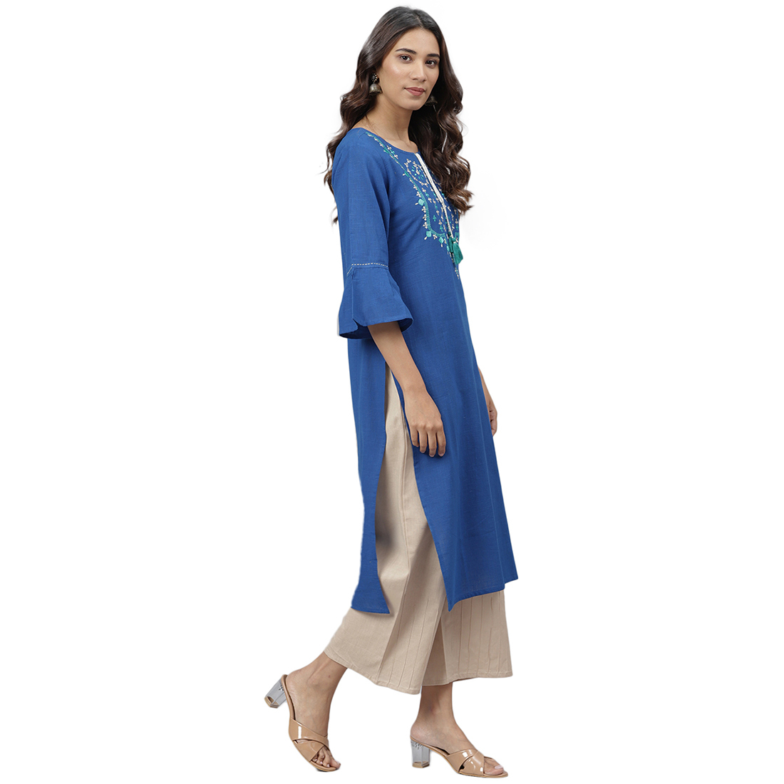 Ladies Fancy Kurti - Cotton Fabric Size S To Xxl Blue Color Ethnic 3-4th Sleeve Embroidered Pattern Ideal For Casual And Formal Wear