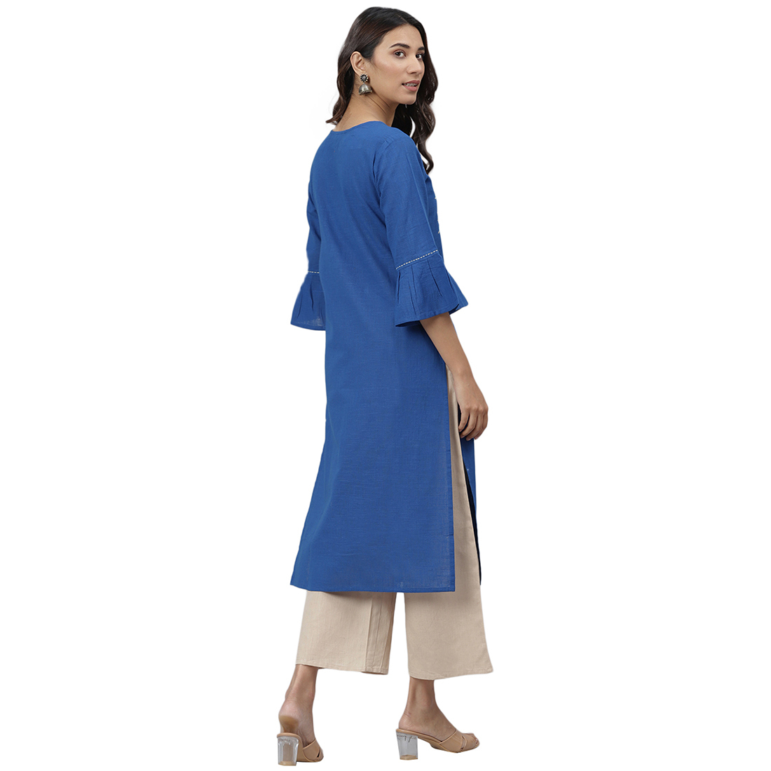 Ladies Fancy Kurti - Cotton Fabric Size S To Xxl Blue Color Ethnic 3-4th Sleeve Embroidered Pattern Ideal For Casual And Formal Wear