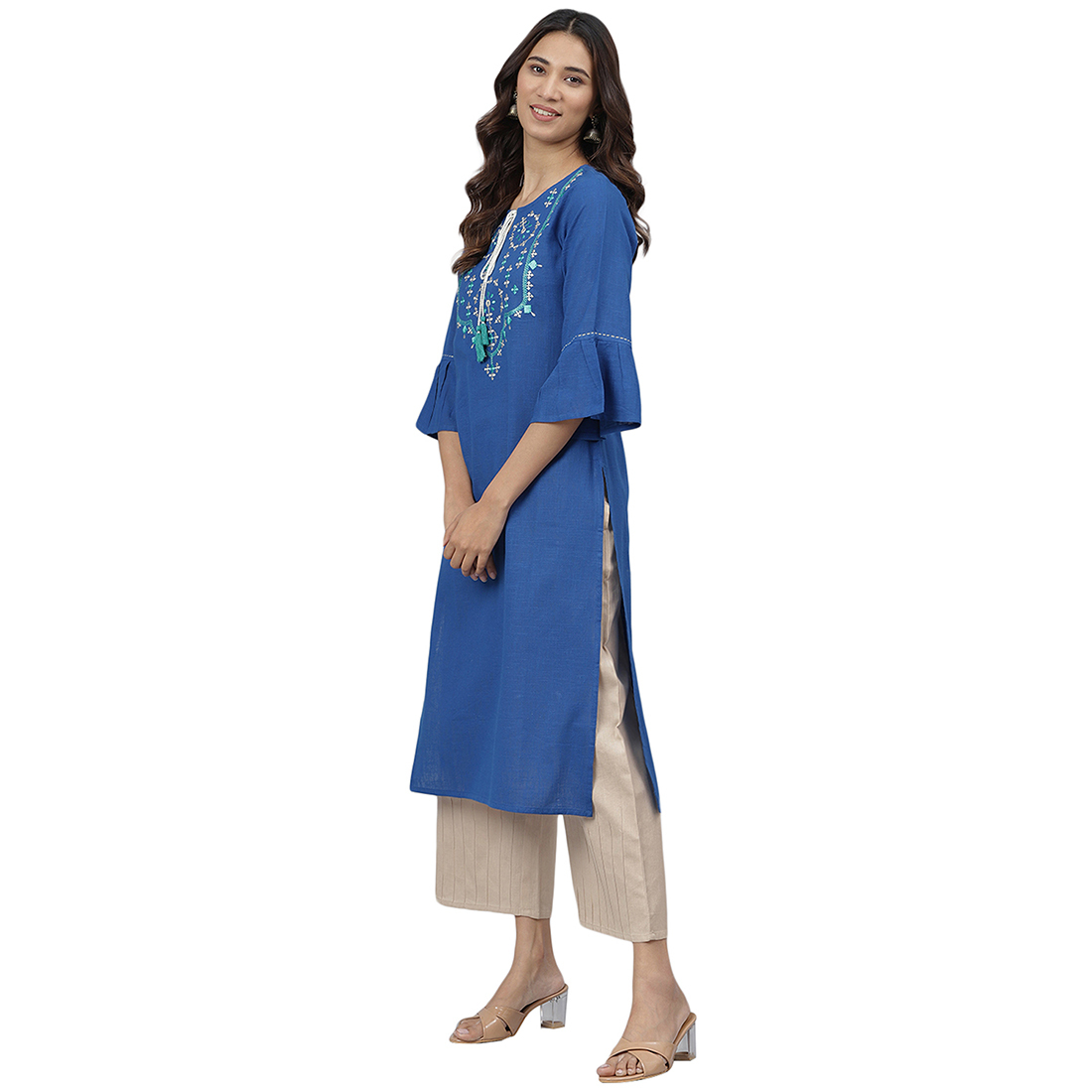 Ladies Fancy Kurti - Cotton Fabric Size S To Xxl Blue Color Ethnic 3-4th Sleeve Embroidered Pattern Ideal For Casual And Formal Wear
