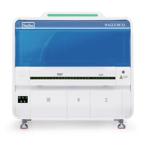 MAGLUMI X3 Fully-Auto Chemiluminescence Immunoassay System - Metal & Plastic Design, 78x90x75 cm Dimensions, White & Blue Color | Up to 200 Tests/Hour, Integrated Packaging, Intelligent UI Interface, No-Pause Loading/Unloading