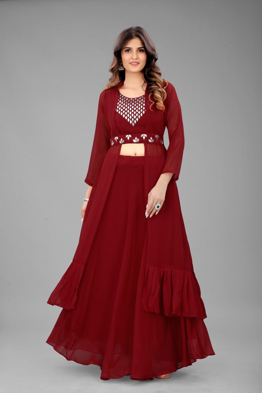 Georgette Lehenga Choli - Full Stitch 2 Piece Set, 3/4 Sleeve, Heavy American Crepe Lining, Available In Blue, Yellow, Wine, Maroon, Green, Sizes S-m-l-xl-xxl-3xl