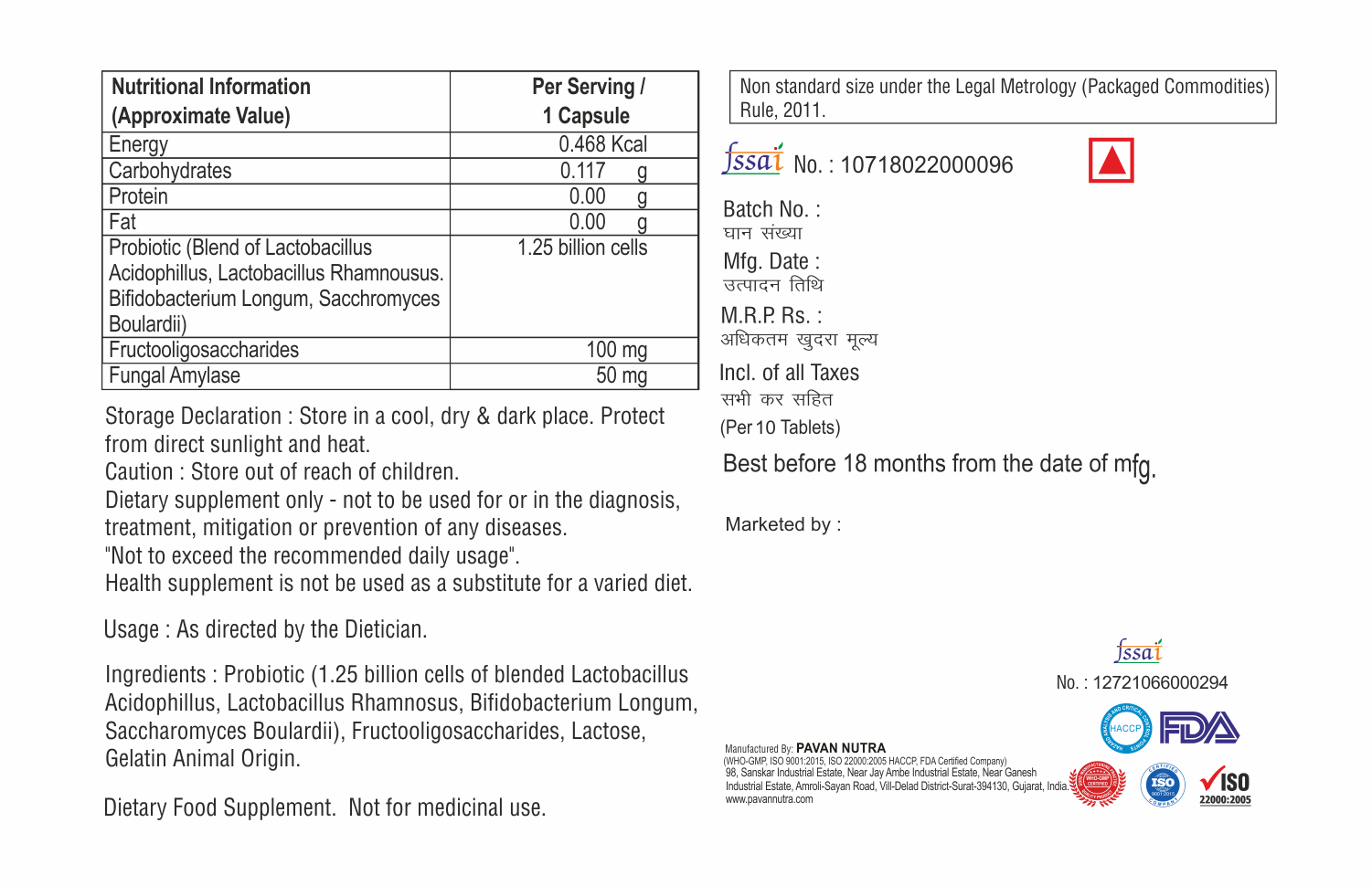 Probiotic With Fungal Amylase Capsule