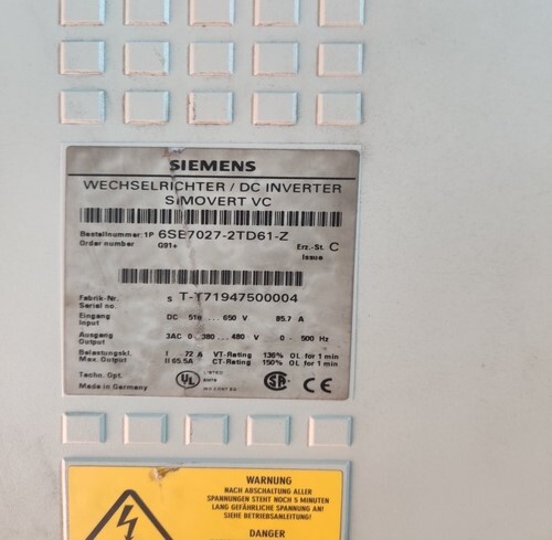 Siemens 6se7027-2td61-z Wechselrichter/dc Inverter Simovert Vc - Modular Design, High Efficiency Performance , Integrated Control Interface For Versatile Applications