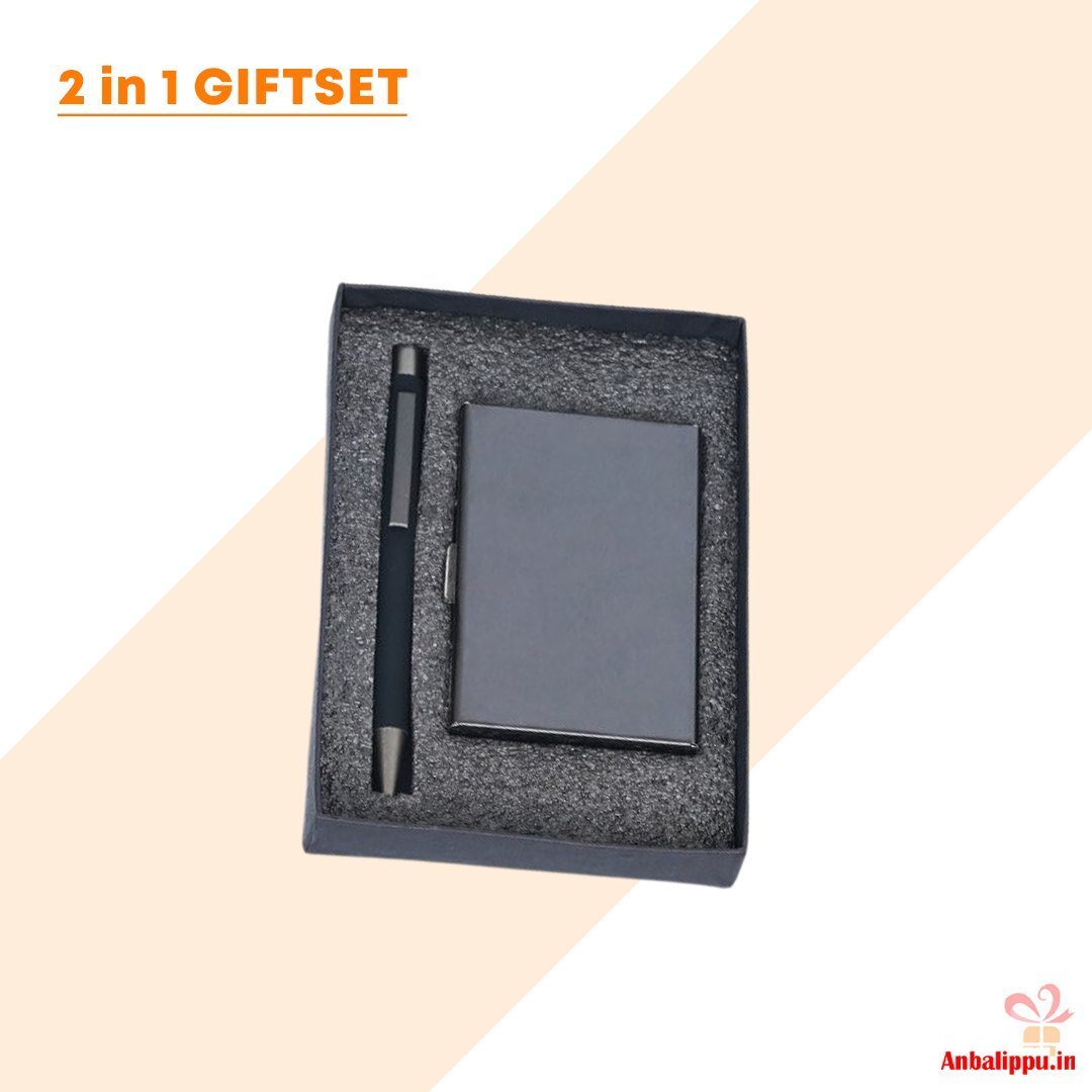 Premium Corporate Gift Set - Metal Pen & Rfid Safe Card Wallet | Compact Size, Customizable Logo, Luxurious Black Packaging