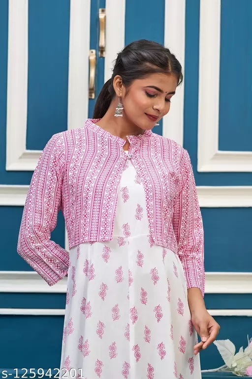 Anarkali Kurti Set - Rayon, M-l-xl-xxl Size, White And Pink Color | A-line Style, Comfortable Fit, Embroidered Design, Two-piece Set