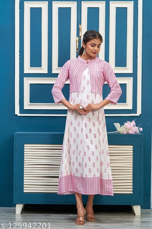 Anarkali Kurti Set - Rayon, M-l-xl-xxl Size, White And Pink Color | A-line Style, Comfortable Fit, Embroidered Design, Two-piece Set