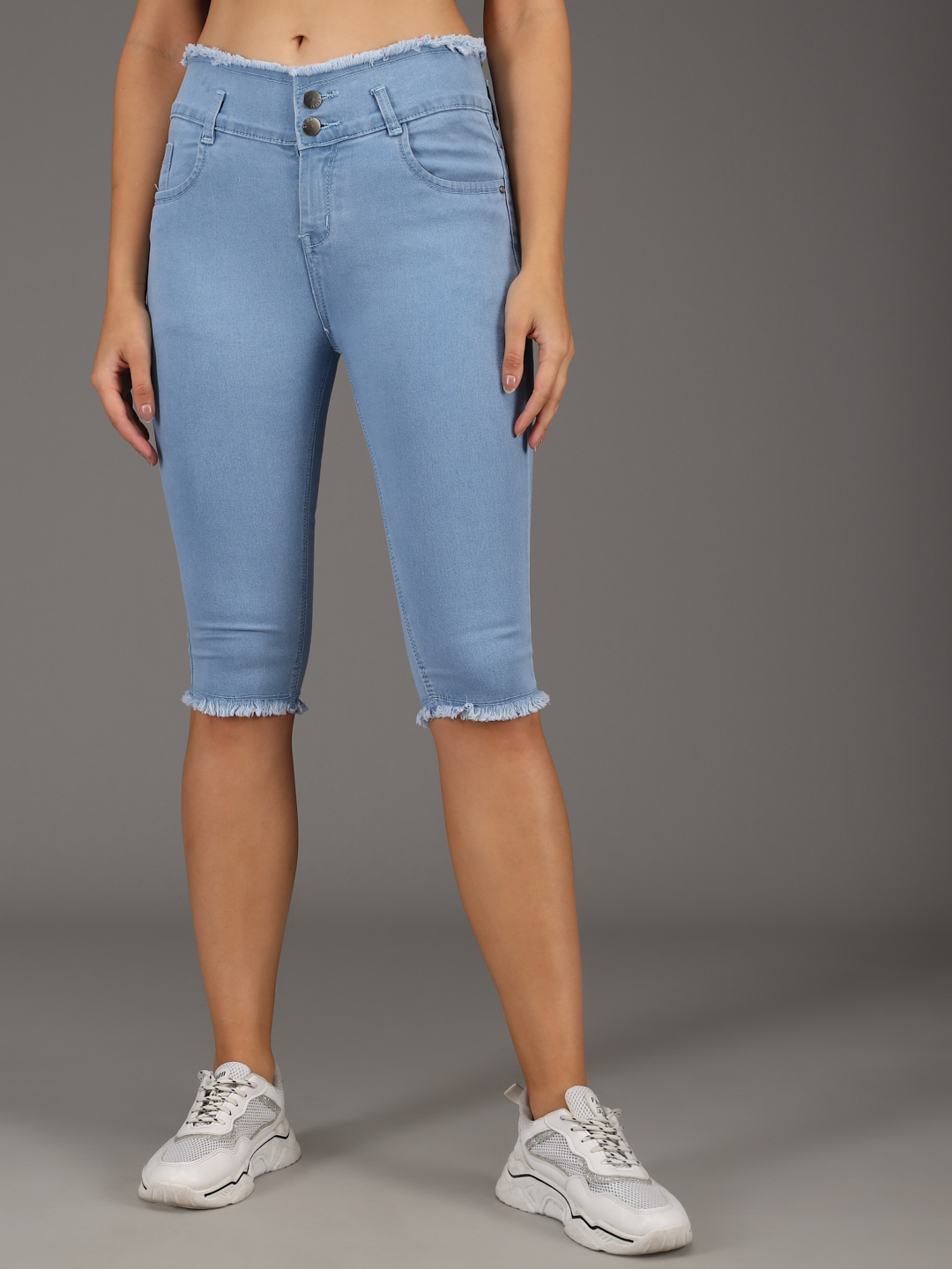 M Moddy 182ice Fray Hem Stretchable Skinny Fit Denim Capri For Women - Denim, Sizes 28-32, Colors Black, Grey, Dark Blue, Light Blue, Blue | Plain Dyed, Stylish Fit, Versatile Wear