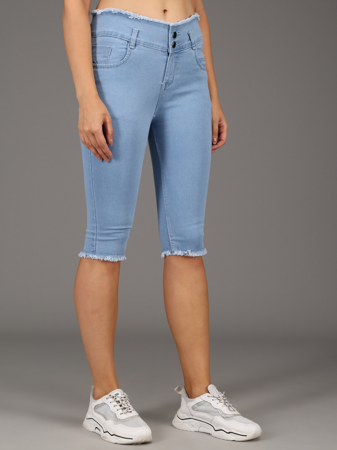 M Moddy 182ice Fray Hem Stretchable Skinny Fit Denim Capri For Women - Denim, Sizes 28-32, Colors Black, Grey, Dark Blue, Light Blue, Blue | Plain Dyed, Stylish Fit, Versatile Wear