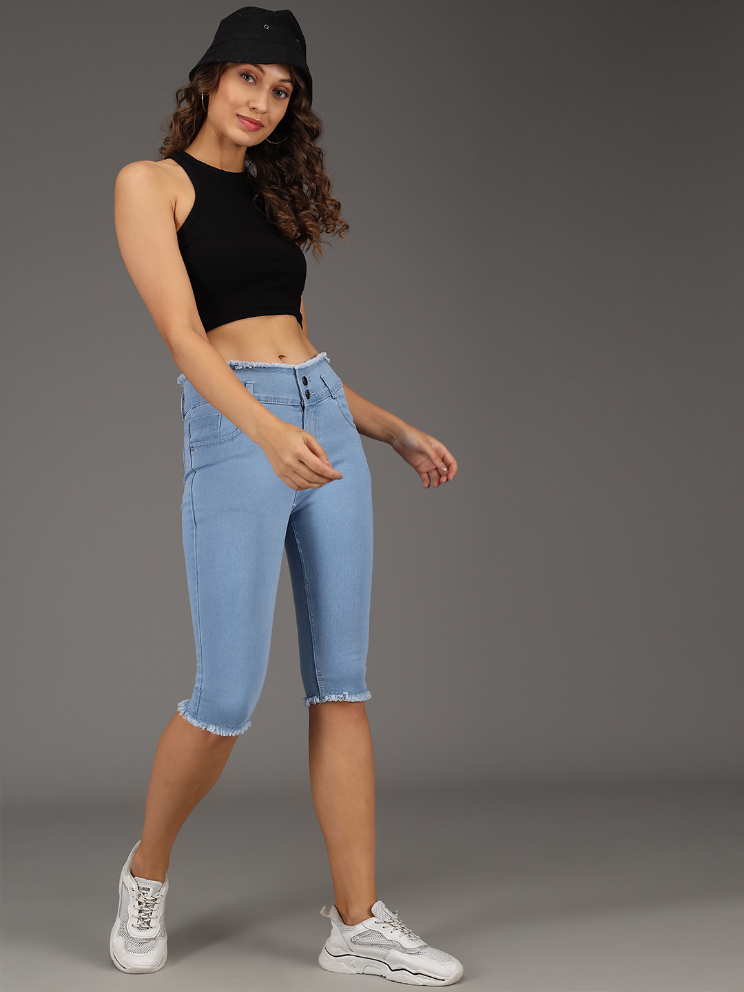 M Moddy 182ice Fray Hem Stretchable Skinny Fit Denim Capri For Women - Denim, Sizes 28-32, Colors Black, Grey, Dark Blue, Light Blue, Blue | Plain Dyed, Stylish Fit, Versatile Wear