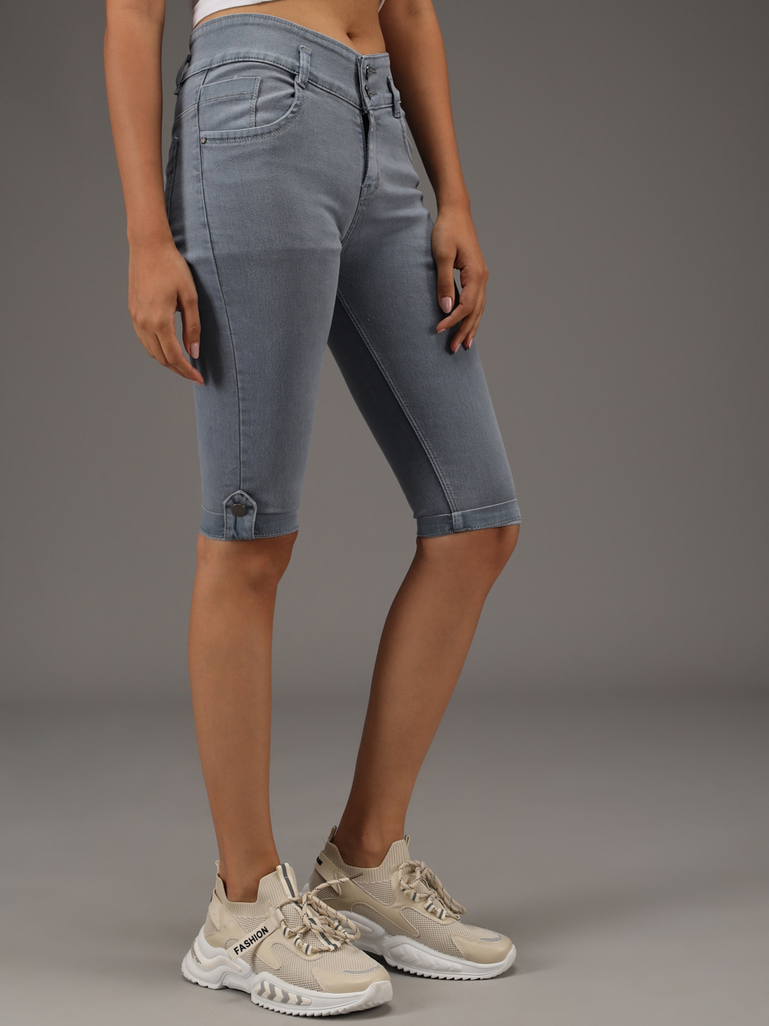 M Moddy 397grey Fray Hem Stretchable Skinny Fit Grey Denim Shorts For Women - Denim Material Set Of 5 (Sizes 28 30 32) Available In Black Grey Dark Blue Light Blue Blue | Skinny Fit For Women Plain Dyed Pattern