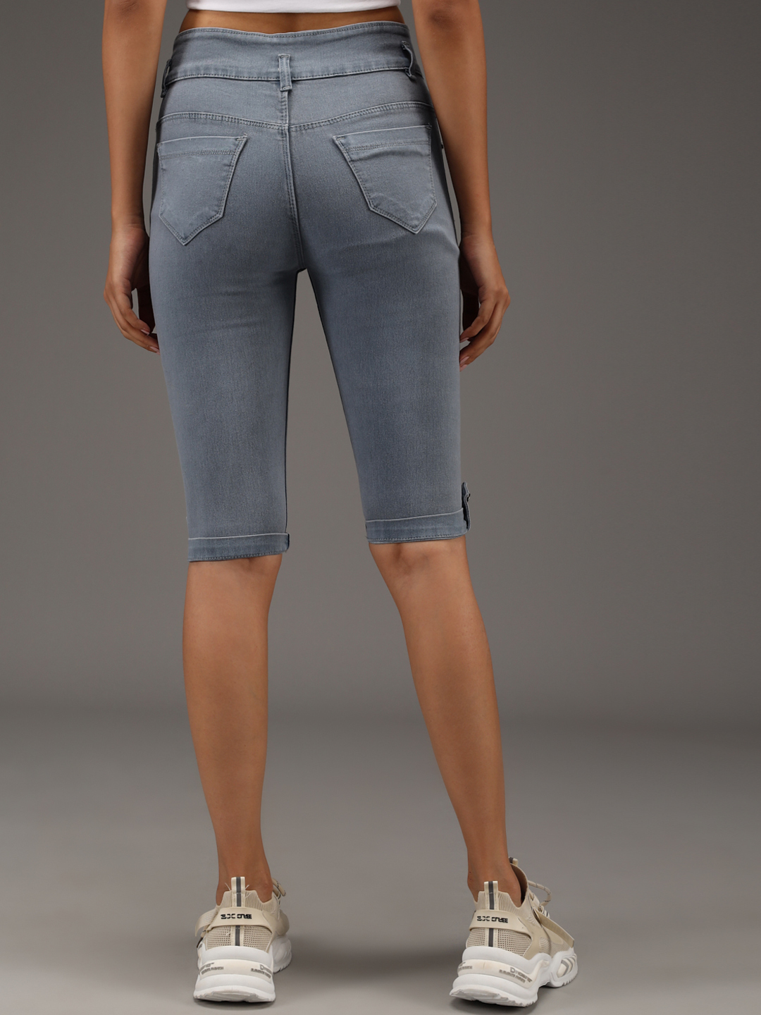 M Moddy 397grey Fray Hem Stretchable Skinny Fit Grey Denim Shorts For Women - Denim Material Set Of 5 (Sizes 28 30 32) Available In Black Grey Dark Blue Light Blue Blue | Skinny Fit For Women Plain Dyed Pattern