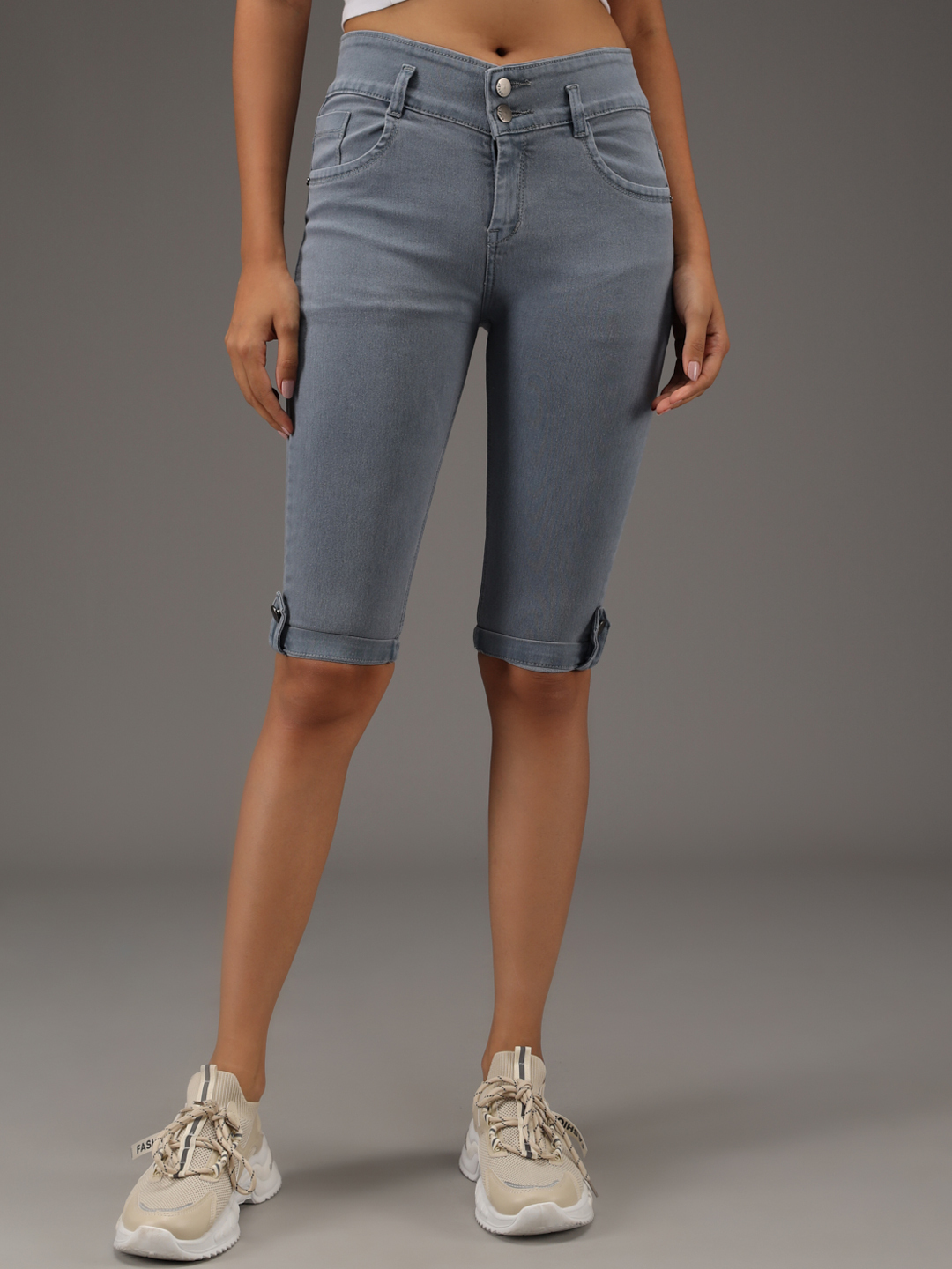 M Moddy 397grey Fray Hem Stretchable Skinny Fit Grey Denim Shorts For Women - Denim Material Set Of 5 (Sizes 28 30 32) Available In Black Grey Dark Blue Light Blue Blue | Skinny Fit For Women Plain Dyed Pattern