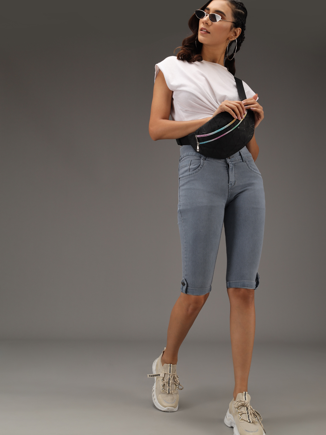 M Moddy 397grey Fray Hem Stretchable Skinny Fit Grey Denim Shorts For Women - Denim Material Set Of 5 (Sizes 28 30 32) Available In Black Grey Dark Blue Light Blue Blue | Skinny Fit For Women Plain Dyed Pattern