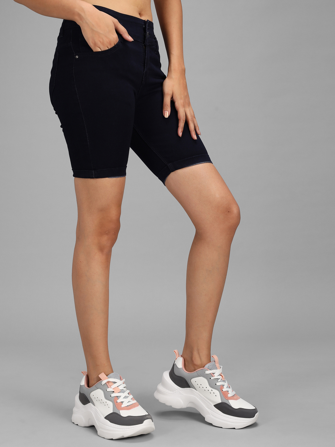 M Moddy 270c-blue Fray Hem Stretchable Skinny Fit Dark Blue Denim Shorts For Women - Denim Material Waist Size 28-30-32 Colors: Black Grey Dark Blue Light Blue Blue | Stylish Slim Fit Design Plain Dyed Pattern