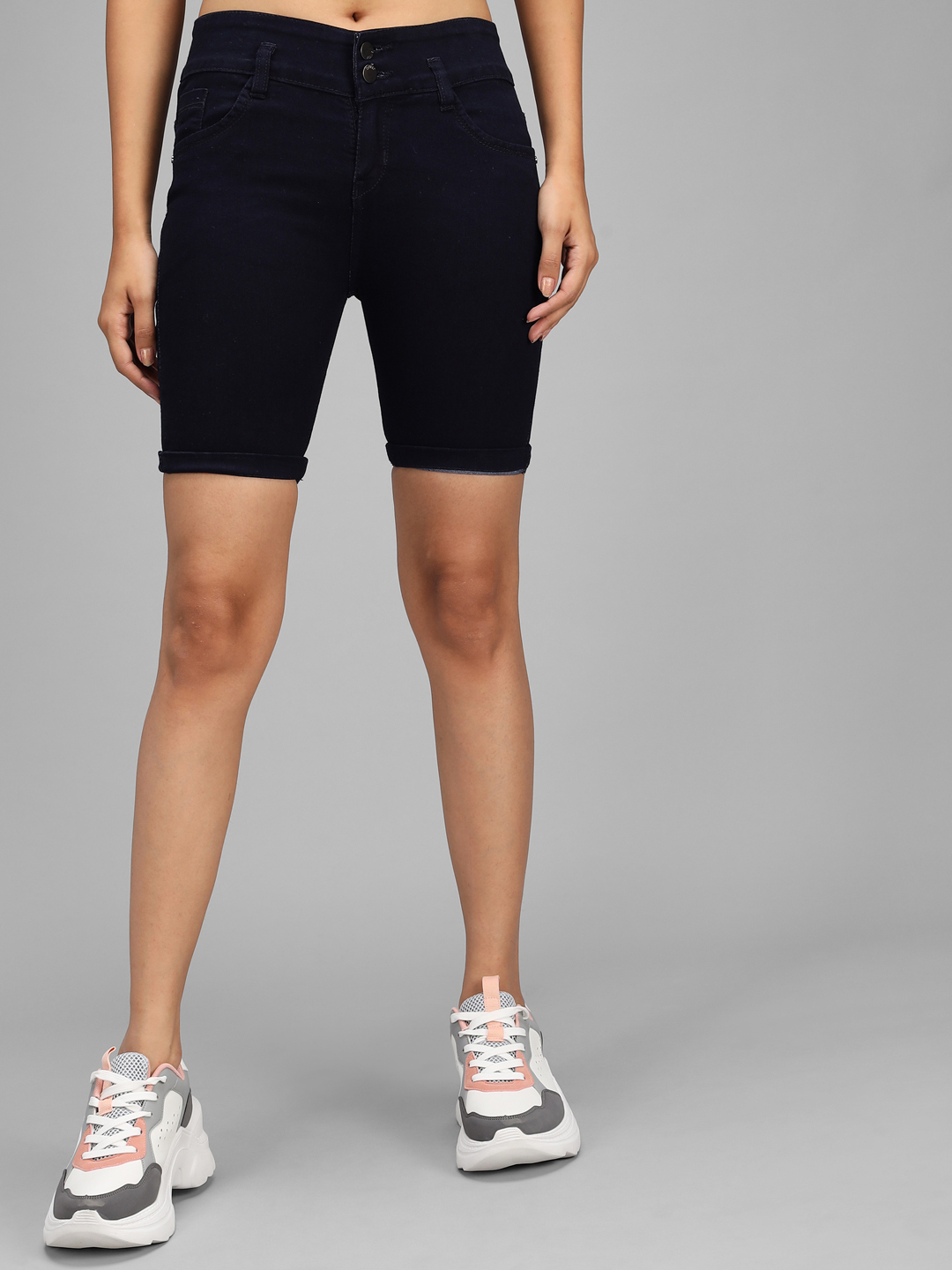 M Moddy 270c-blue Fray Hem Stretchable Skinny Fit Dark Blue Denim Shorts For Women - Denim Material Waist Size 28-30-32 Colors: Black Grey Dark Blue Light Blue Blue | Stylish Slim Fit Design Plain Dyed Pattern