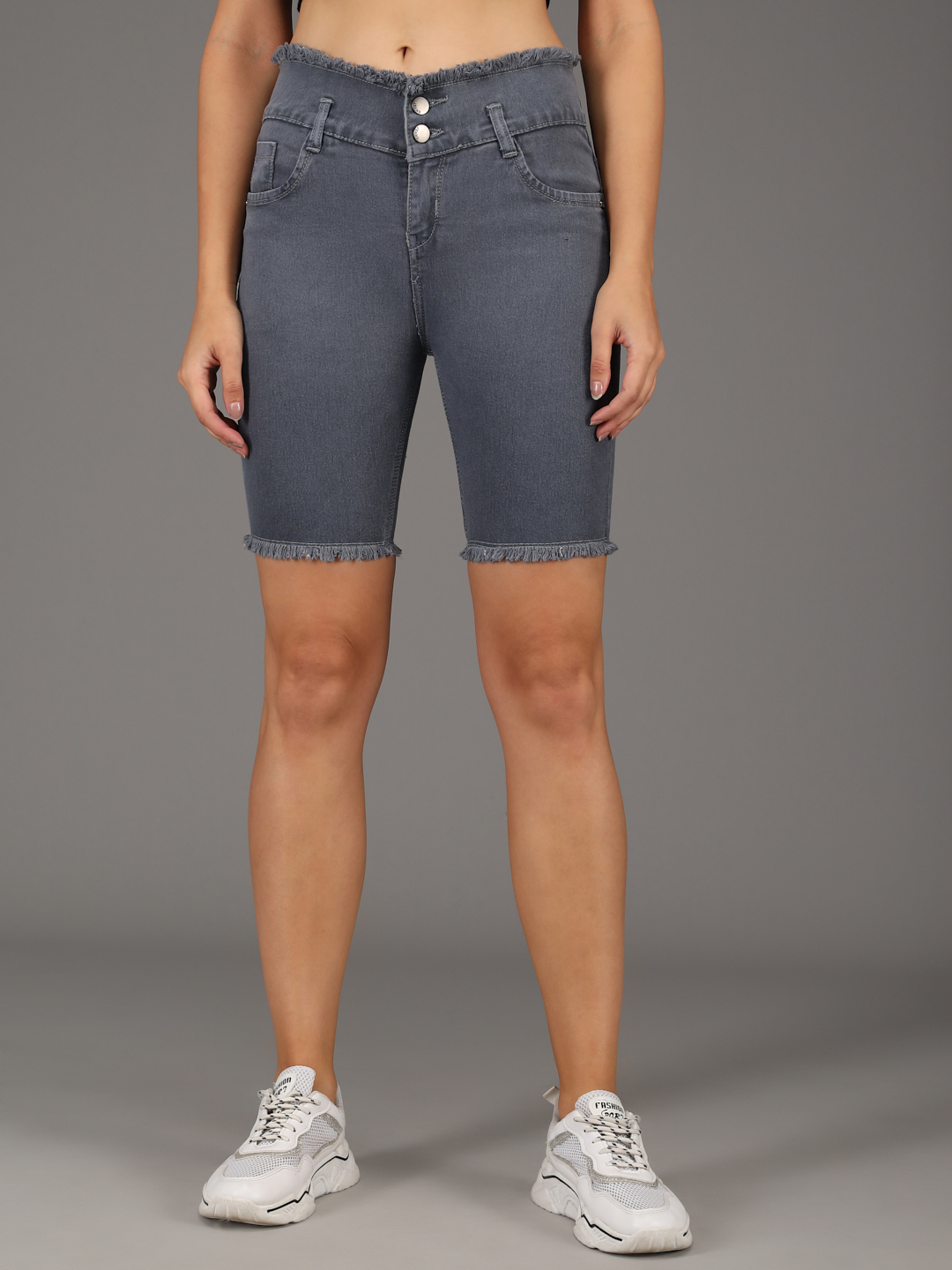 M Moddy 271 Grey Fray Hem Stretchable Skinny Fit Denim Shorts For Women - Denim Material Waist Sizes 28-30-32 Dark Grey Color Summer Collection