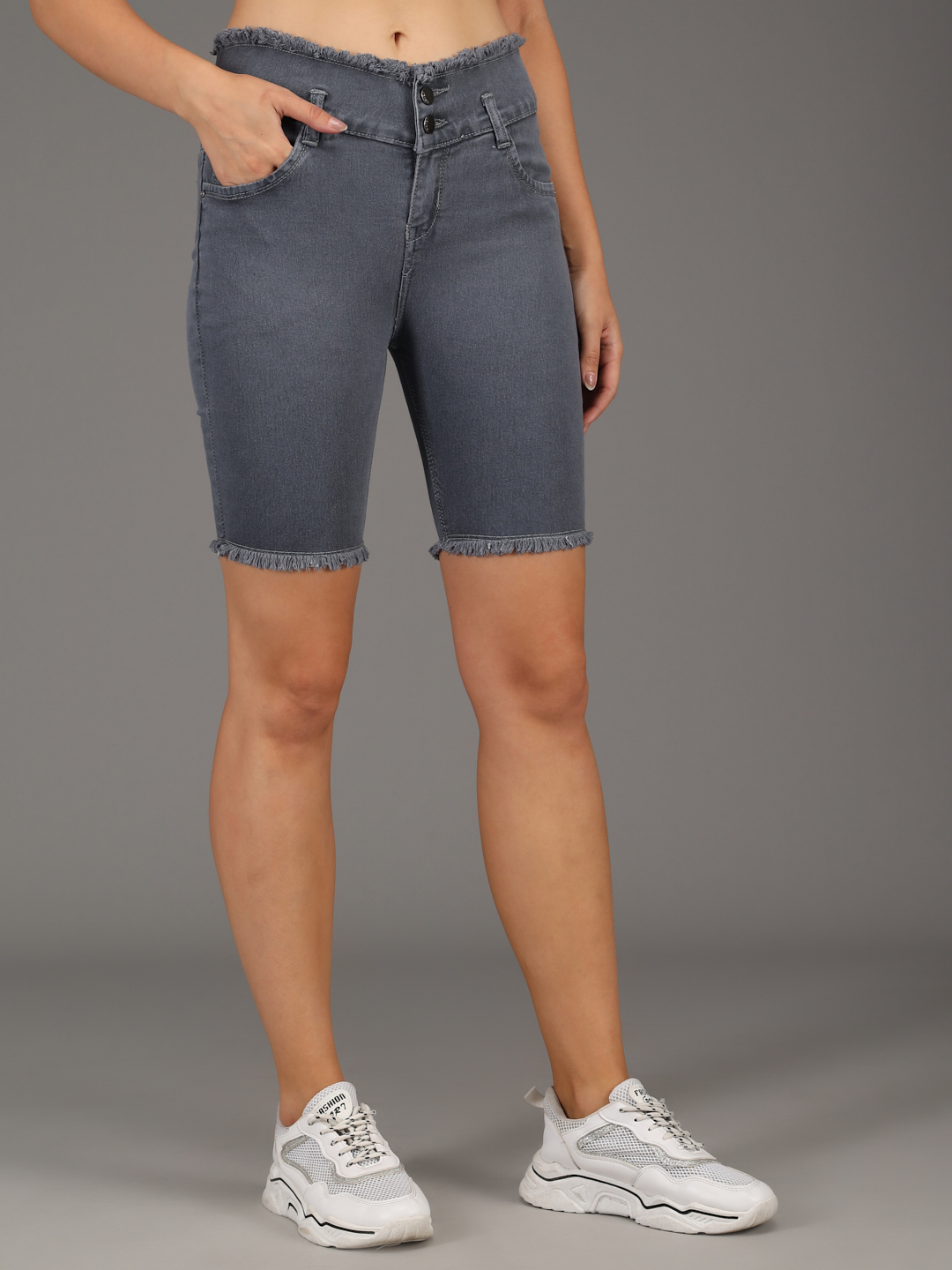 M Moddy 271 Grey Fray Hem Stretchable Skinny Fit Denim Shorts For Women - Denim Material Waist Sizes 28-30-32 Dark Grey Color Summer Collection