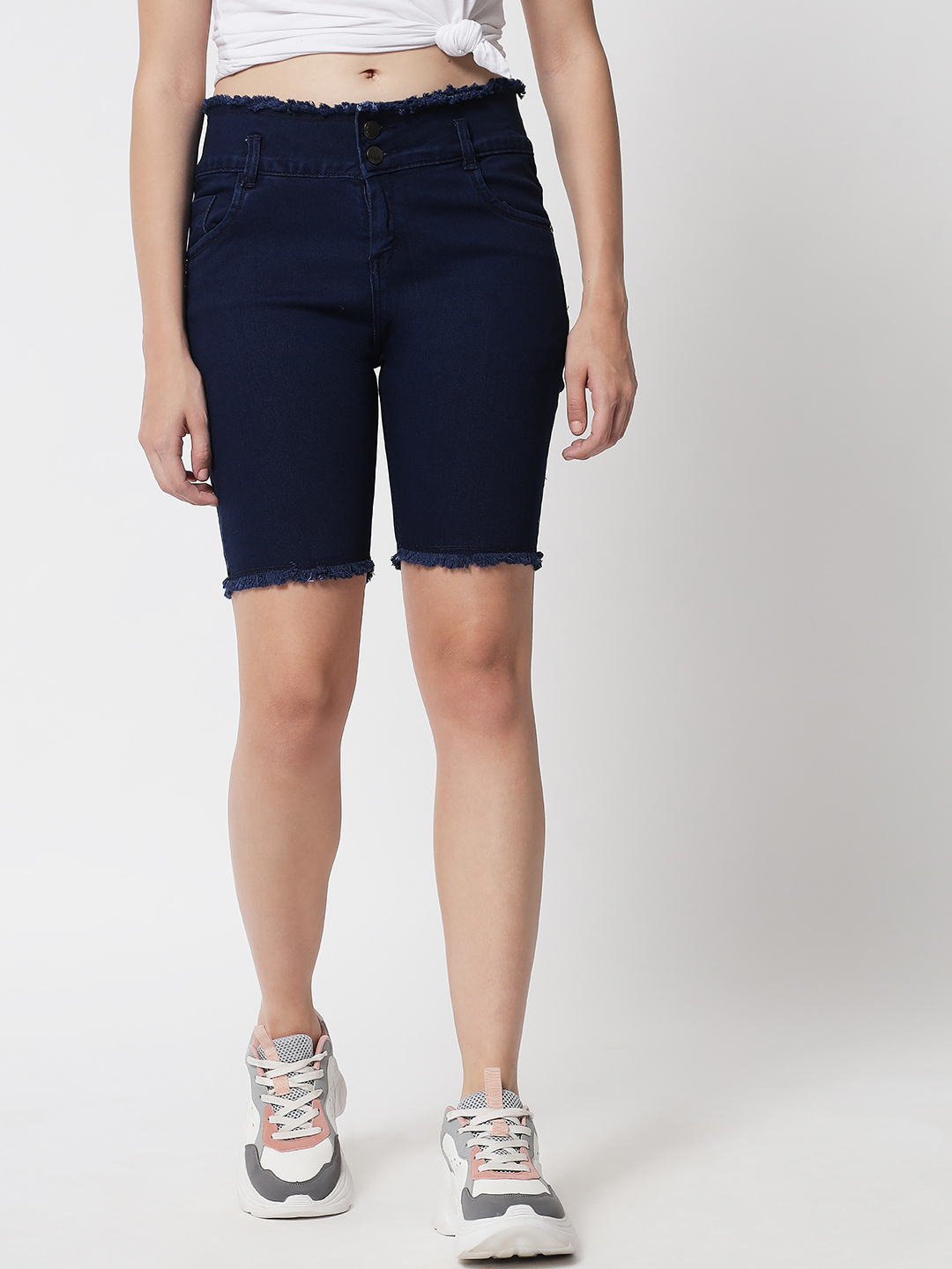 M Moddy 271hw Fray Hem Stretchable Slim Fit Denim Shorts - Denim Material Size 28-32 Available In Black Grey Dark Blue Light Blue Blue | Stylish Plain Dyed Design For Women