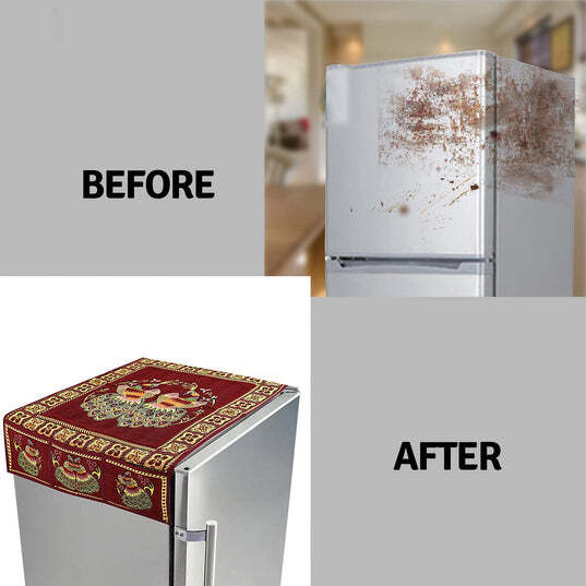 Fridge Top Cover - Premium Quality Cotton Fabric, 100x60cm | Dustproof Design With 6 Utility Storage Pockets For Organized Kitchen Decor