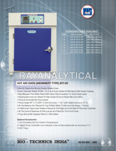 Hot Air Oven - Stainless Steel & Mild Steel, 18x18x18 Inches, 1750 Watts, Dual Shelves, 10-250°C Temp Range, Microprocessor PID Control, Glass Wool Insulation
