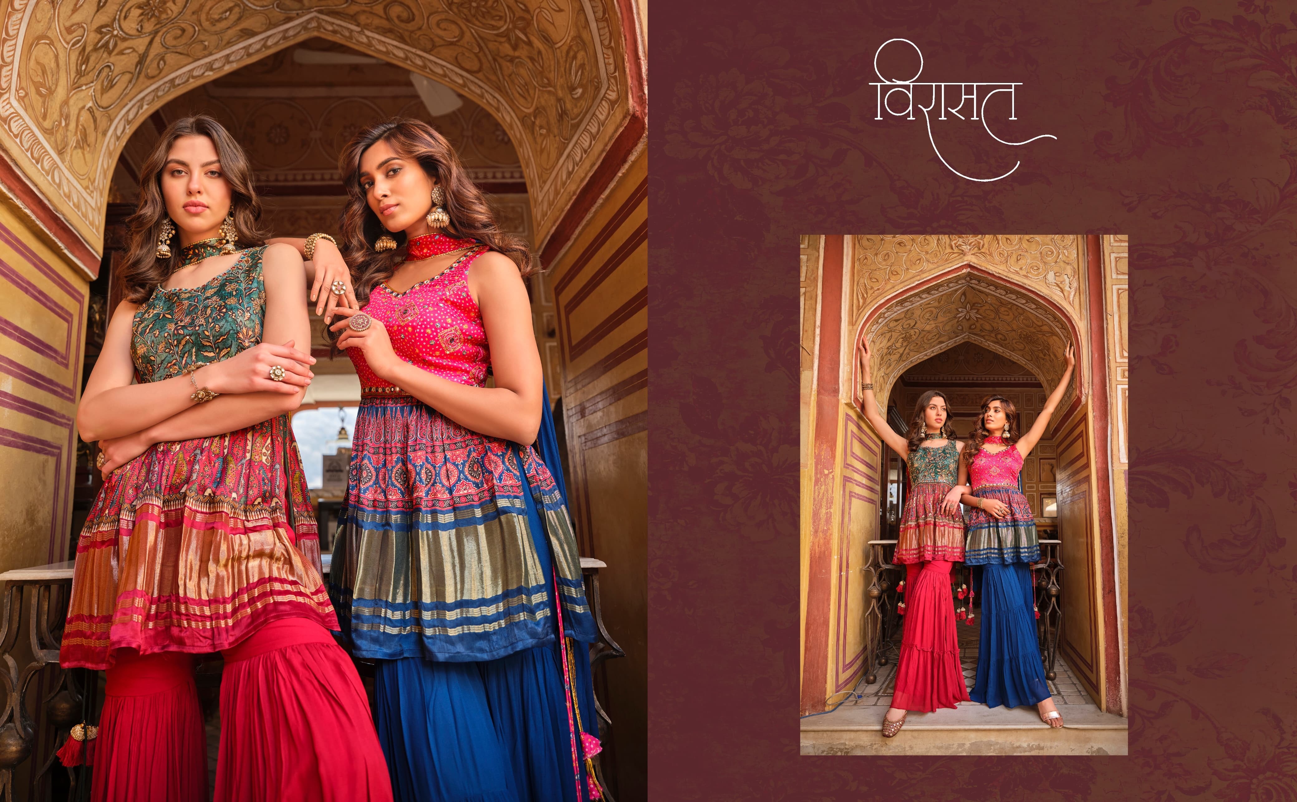 Sharara Suit - Pure Gajji Lagdi Patta Work, Digital Printed Bandhej, Full Inner Choli & Plazo, 4 Distinct Designs, Size L(40) & Xl(42), Weight 1kg
