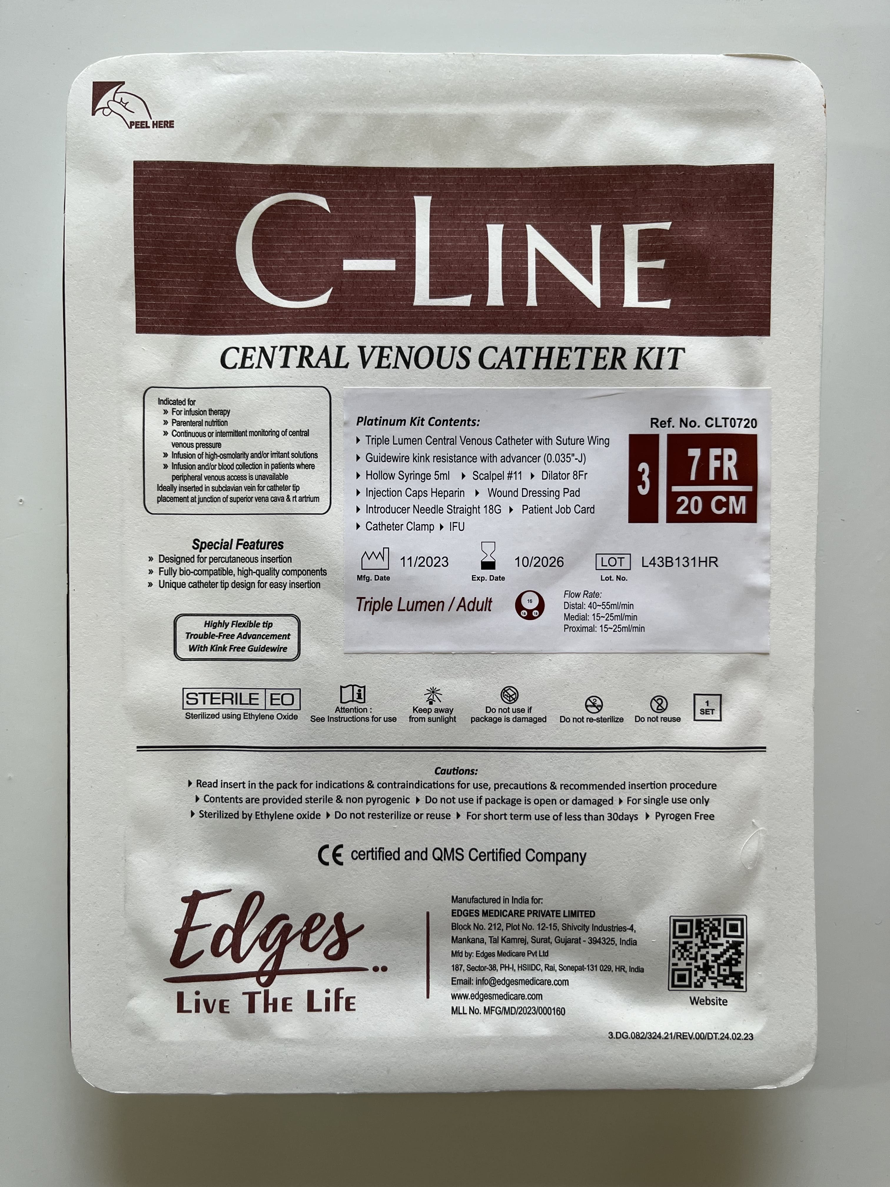 White Hospital Efficiency 7fr 20cm Triple Lumen Cvc Catheter Kit Secure Access Easy Monitor