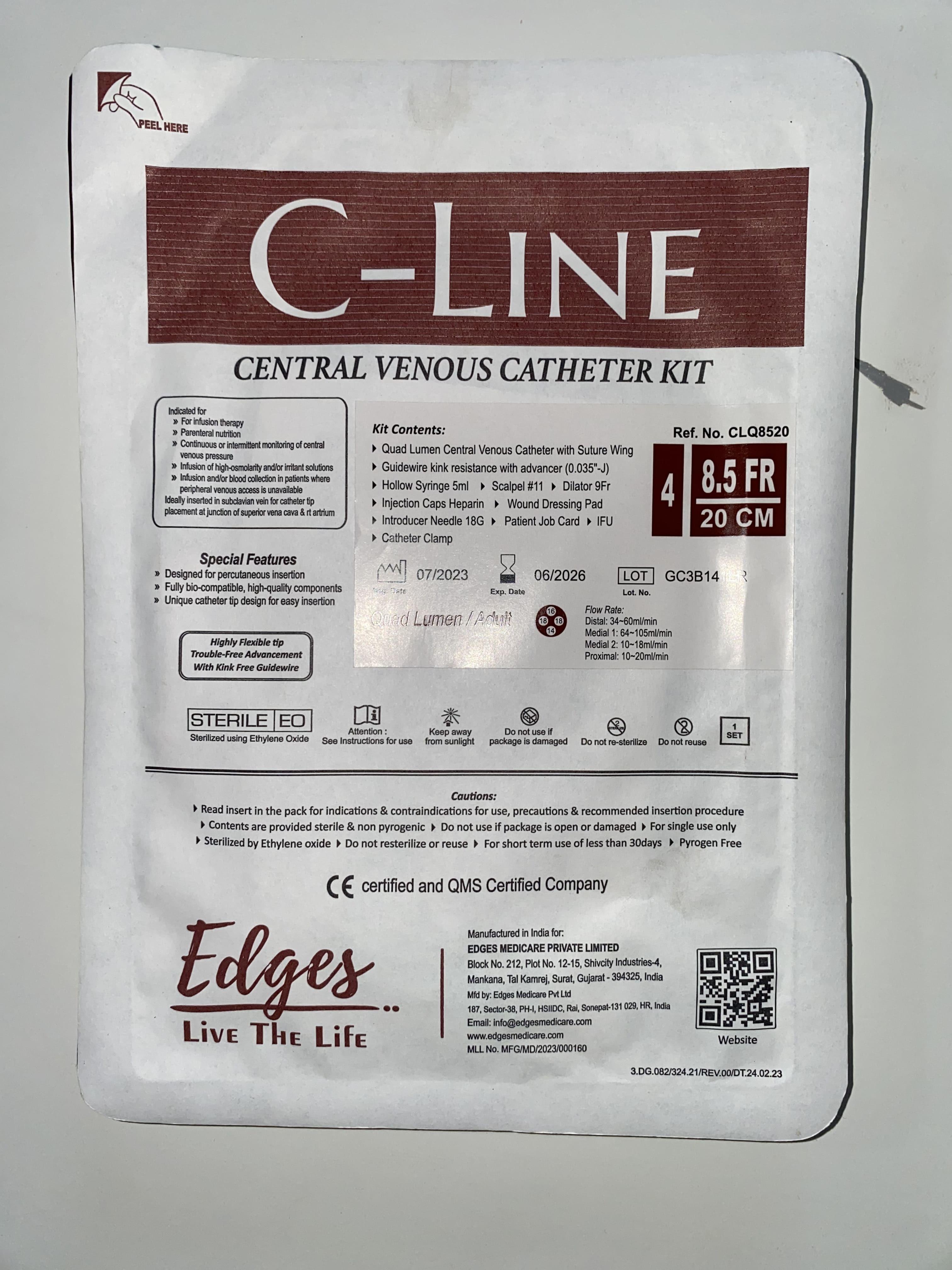 8.5fr 20cm Quad Lumen Cvc Kit Advanced Tip Design Splittable Introducer Radiopaque Markers Use: Hospital
