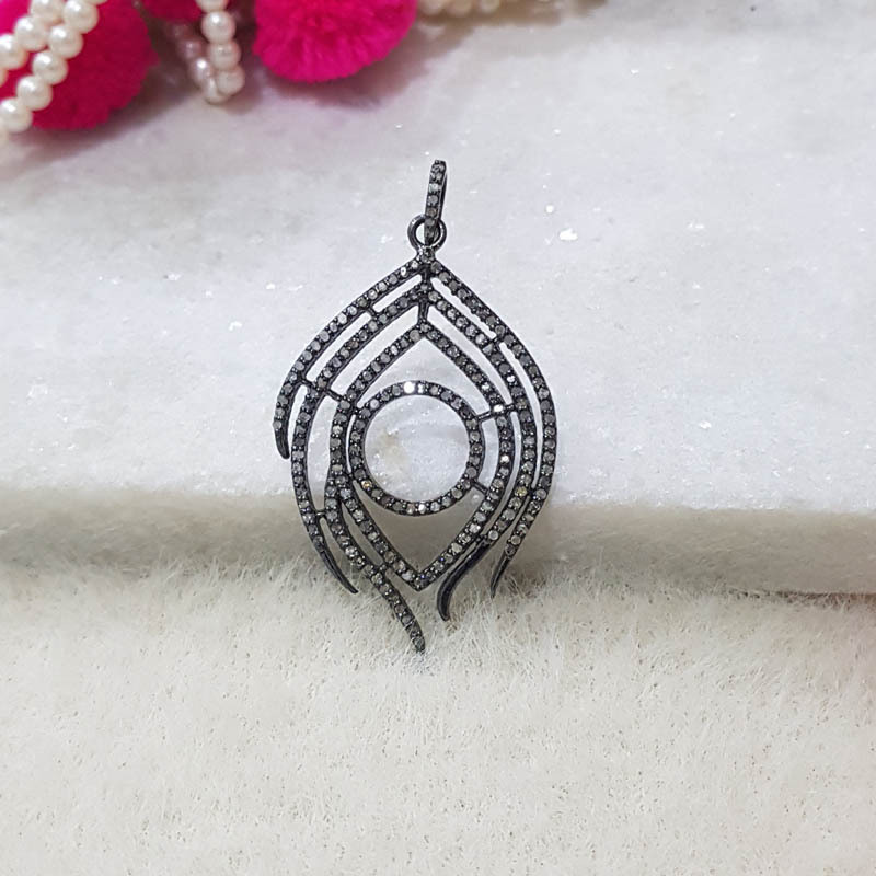 Sterling Silver Handmade Pave Diamond Feather Style Pendant - 54x22 Mm, 0.48 Carats Diamond Weight, Ideal For Women's Anniversary, Engagement, Party, Or Wedding Gifts