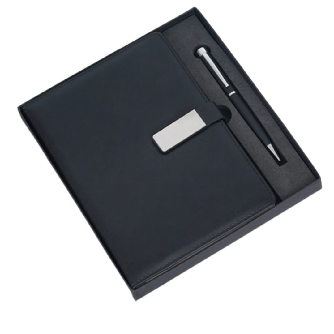 2 In 1 Diary And Pen Set - Matte Black Leather And Metal, Customizable Logo, Gift Box Packaging