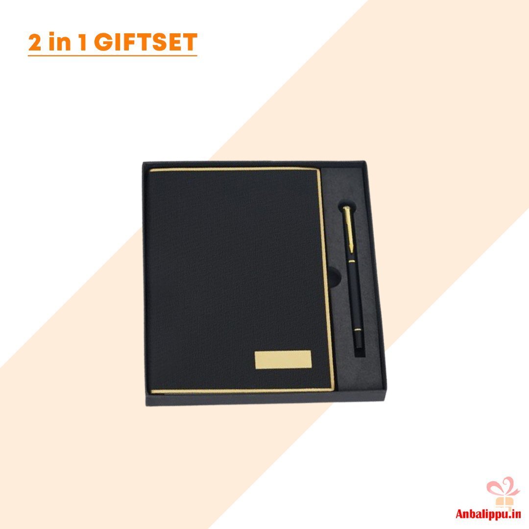 2 In 1 Diary And Pen Set - Matte Black Leather And Metal, Customizable Logo, Gift Box Packaging