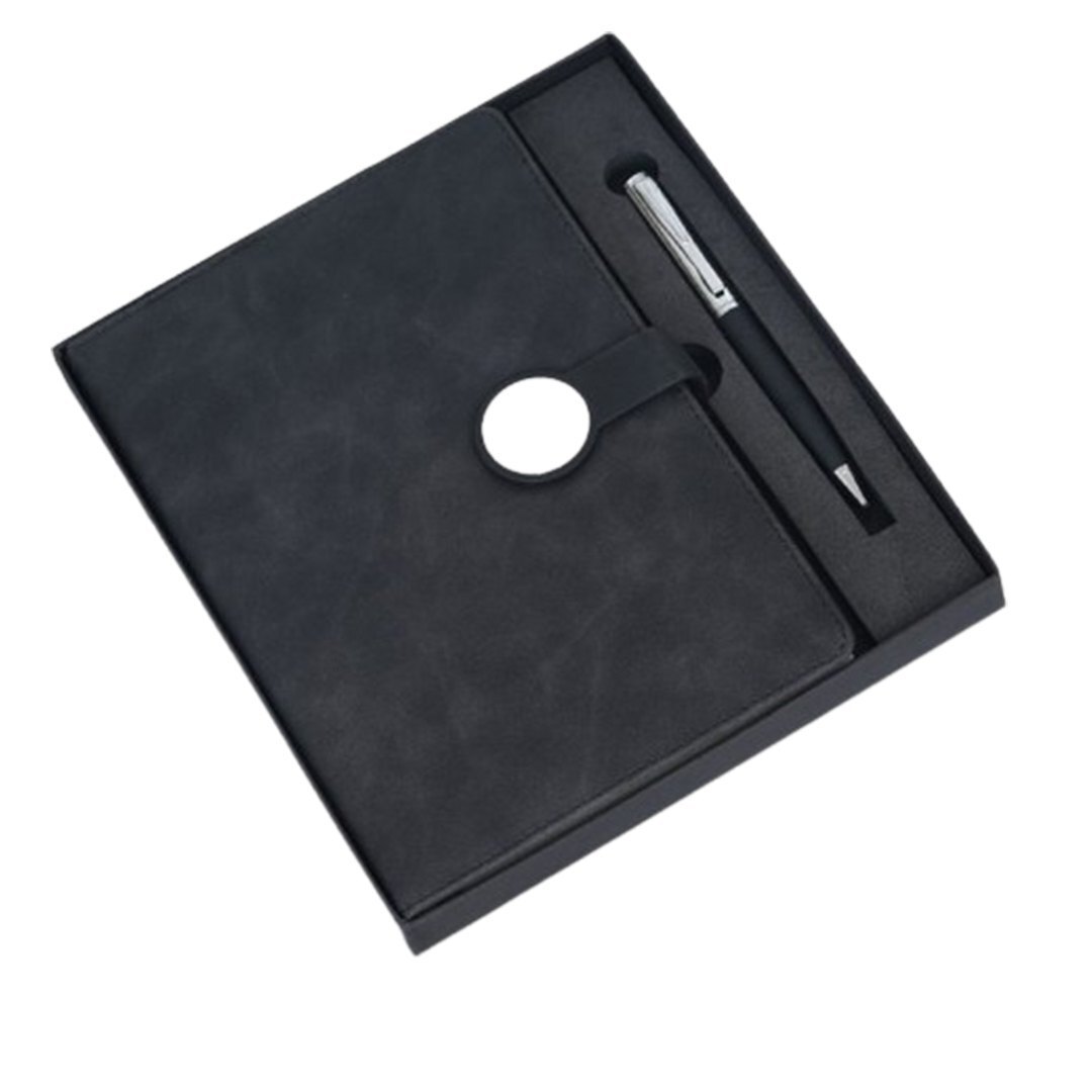 2 In 1 Diary And Pen Set - Matte Black Leather And Metal, Customizable Logo, Gift Box Packaging