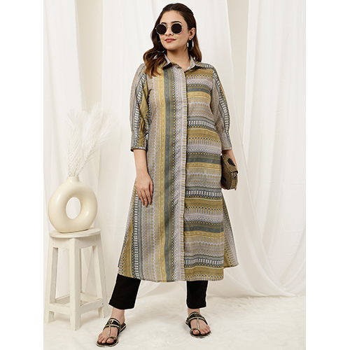 Green Geometric Printed A-line Kurta