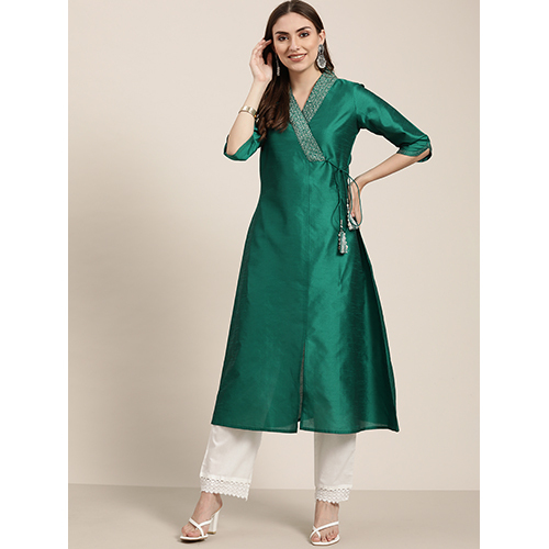 Green Silk Blend Angrakha Style A-Line Embroidered Kurta