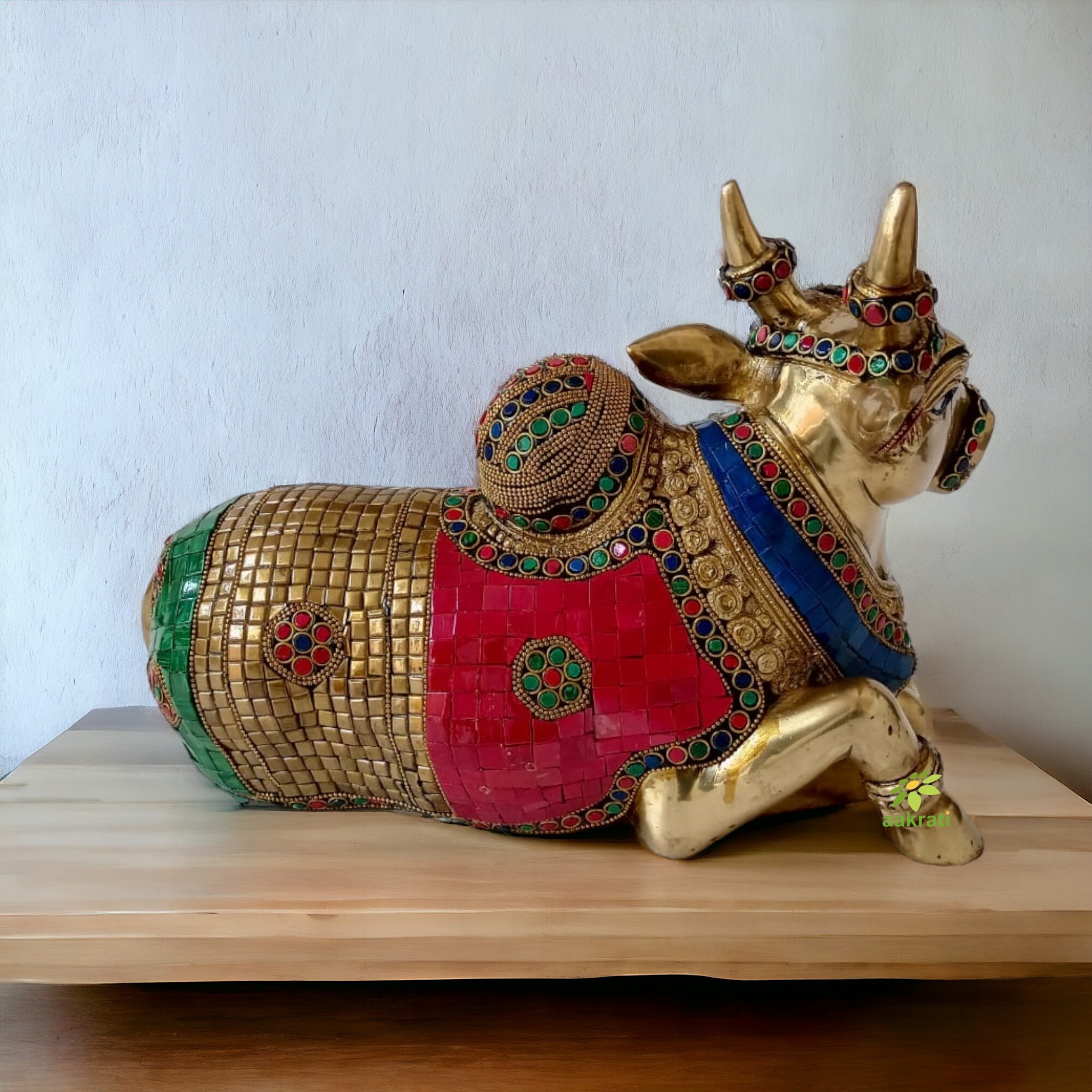 Brass Made Nandi Sitting Statue Unique Religious Metal Craft And Gift Item Stone Finish Nandi Statue - Color: Multi Color