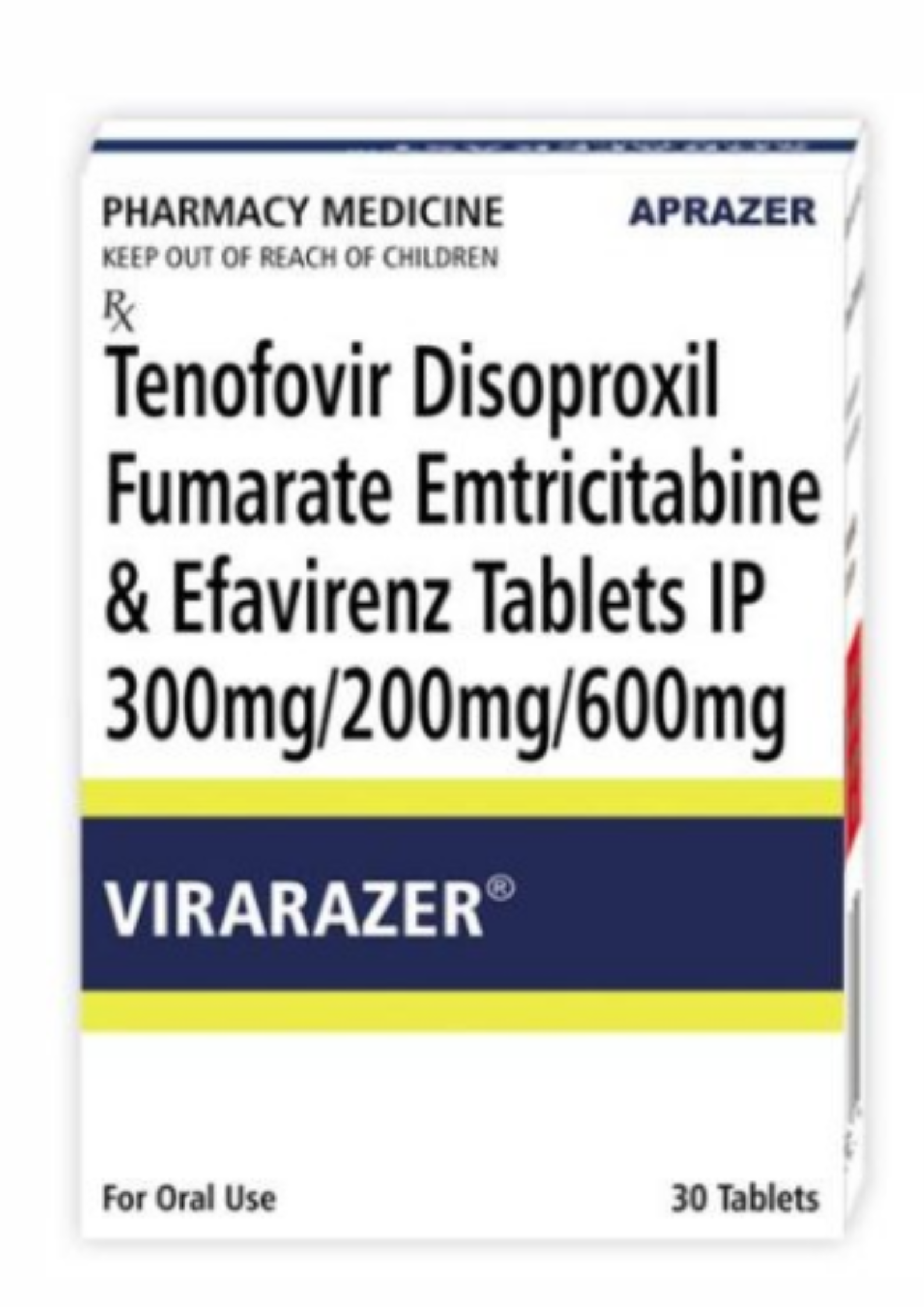 Virarazer Tablets Aprazer - Ingredients: Tenofovir Disoproxil Fumarate Emtricitabine & Efavirenz