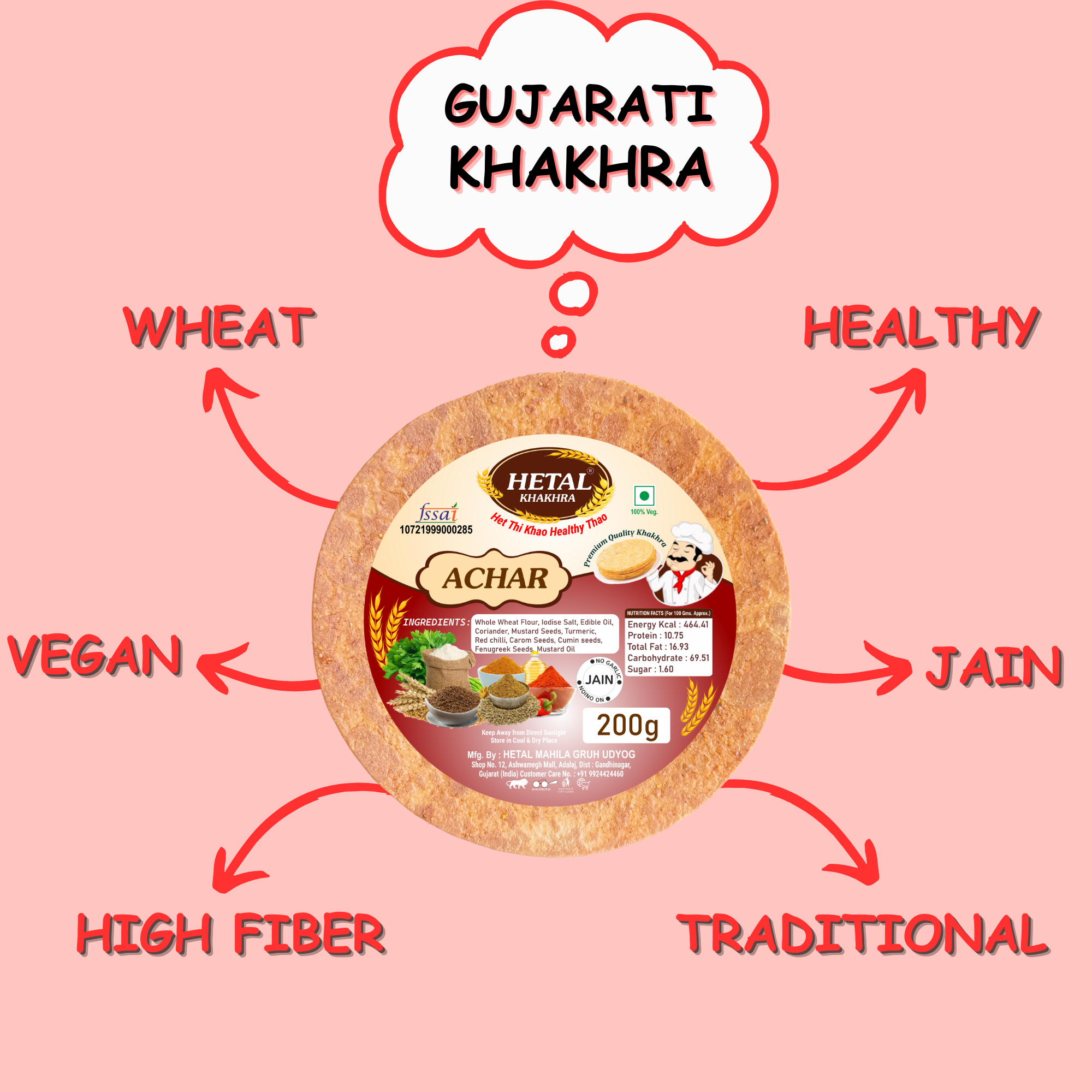 Hetal Achar Masala Khakhra - 200 Gms Vacuum Pack | Flavorful Snack With Indian Spices Perfect For Tea-time And On-the-go Enjoyment
