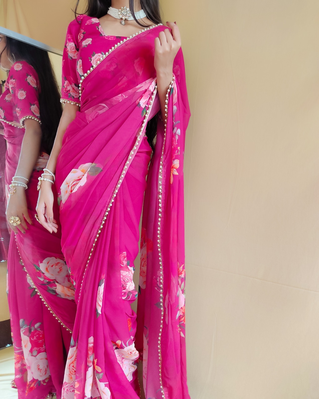 Bollywood Designer Saree - Georgette Material, Chiffon Fabric Type, Pink Color | Party Wear With Sequin Work And Matching Blouse Design