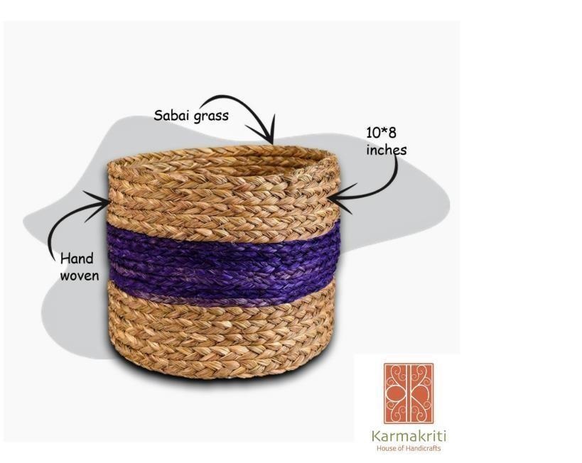 Handmade Sabai Grass Round Tall Storage Basket - Color: Natural And Blue