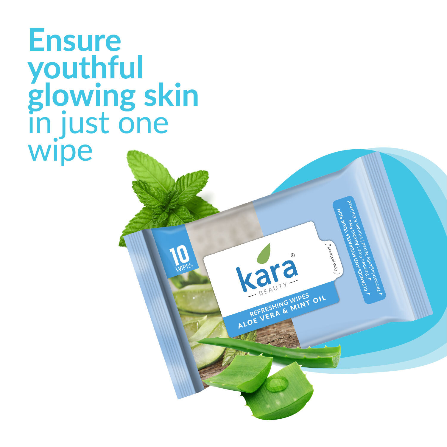 Kara Refresh Refreshing Wipes - Aloe Vera & Mint Oil, 10 Pulls | White Color, Cleanses & Hydrates, Paraben Free, Alcohol Free, Vitamin E Enriched