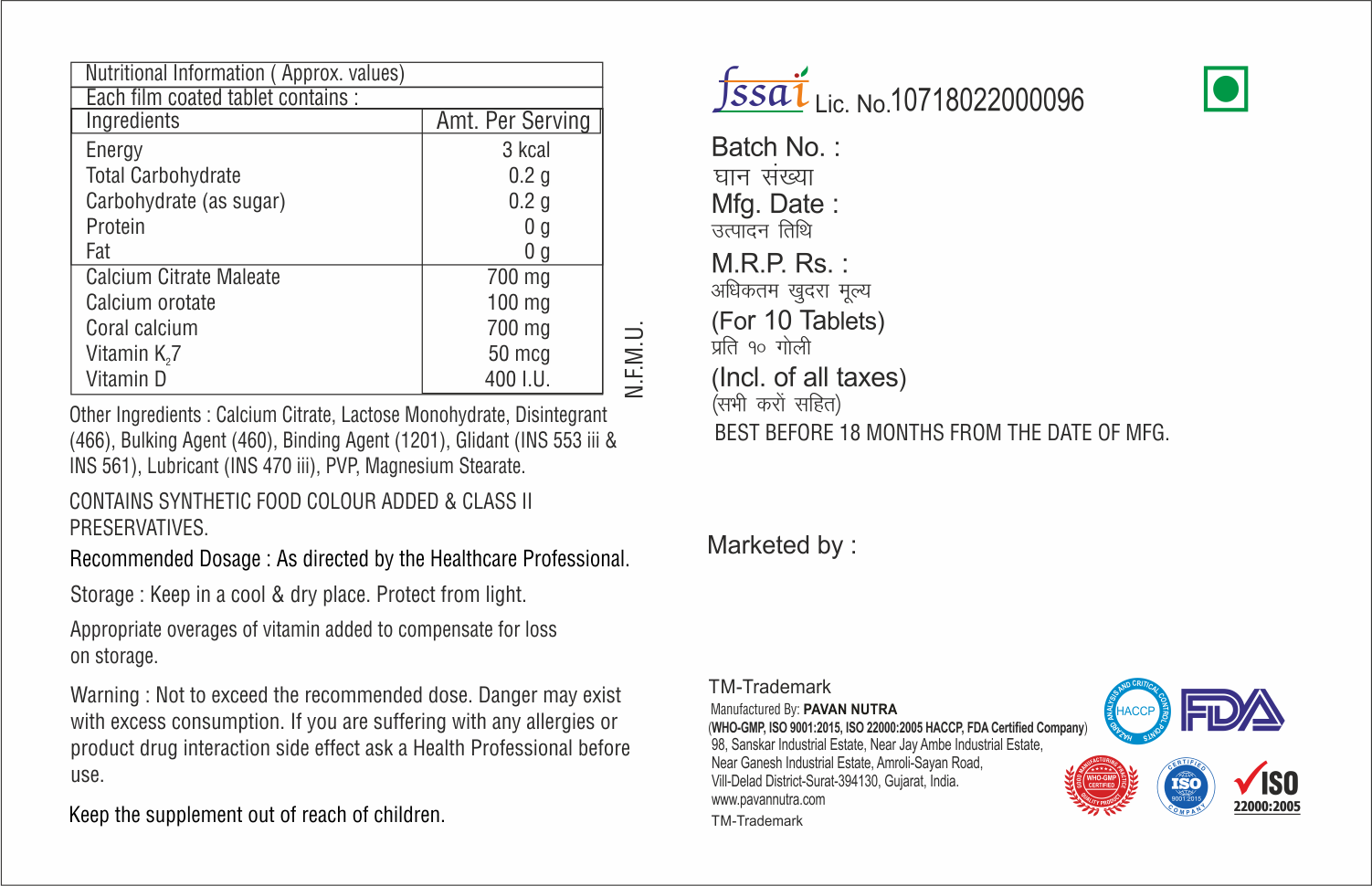 Calcium Orotate With Vitamin K2-7 And Vitamin D Tablet