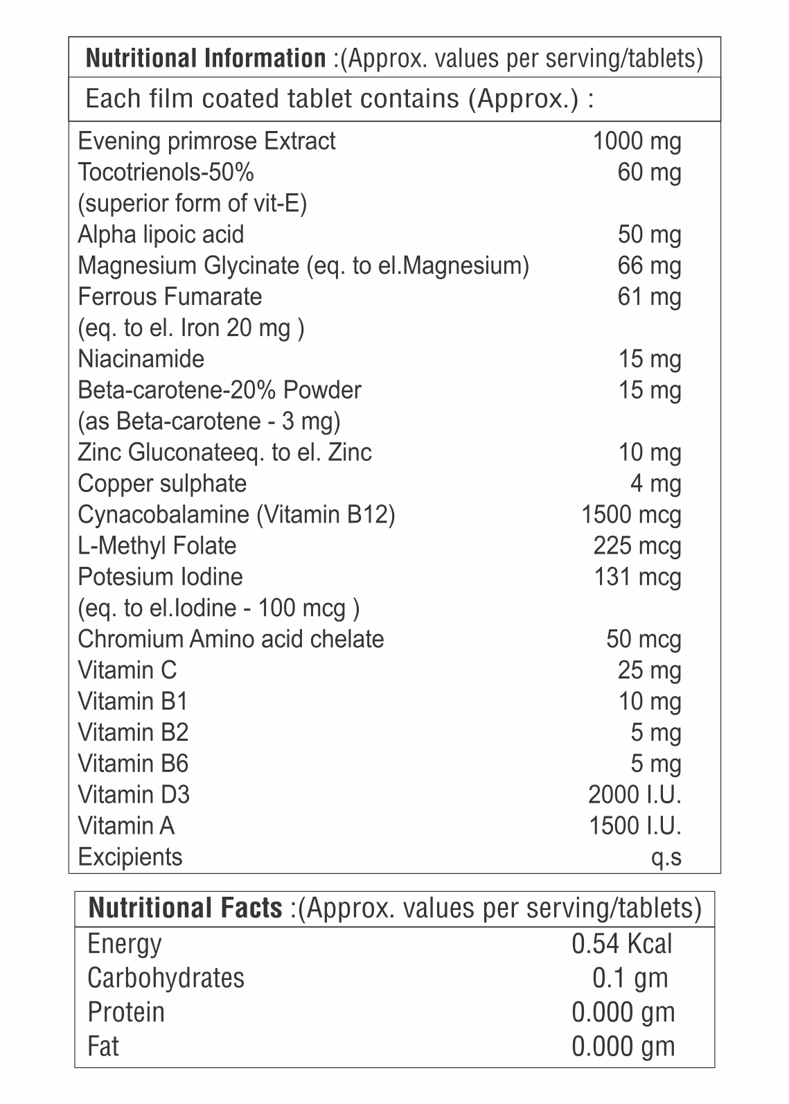 Evening Primrose Extract With Alpha Lipoic Acid With Vitamin D3 And Vitamin A Tablet