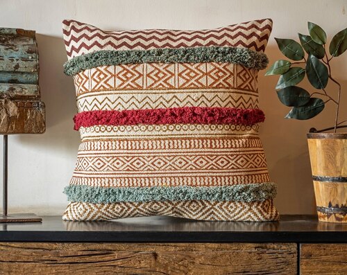 Brown | Mustard Yellow | Red | Aqua Blue Tufted Boho Printed Cushion Cover