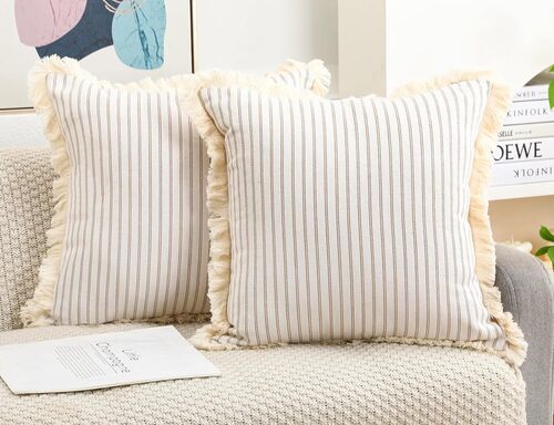 Beige & Cream Cotton Linen Printed Cushion Covers