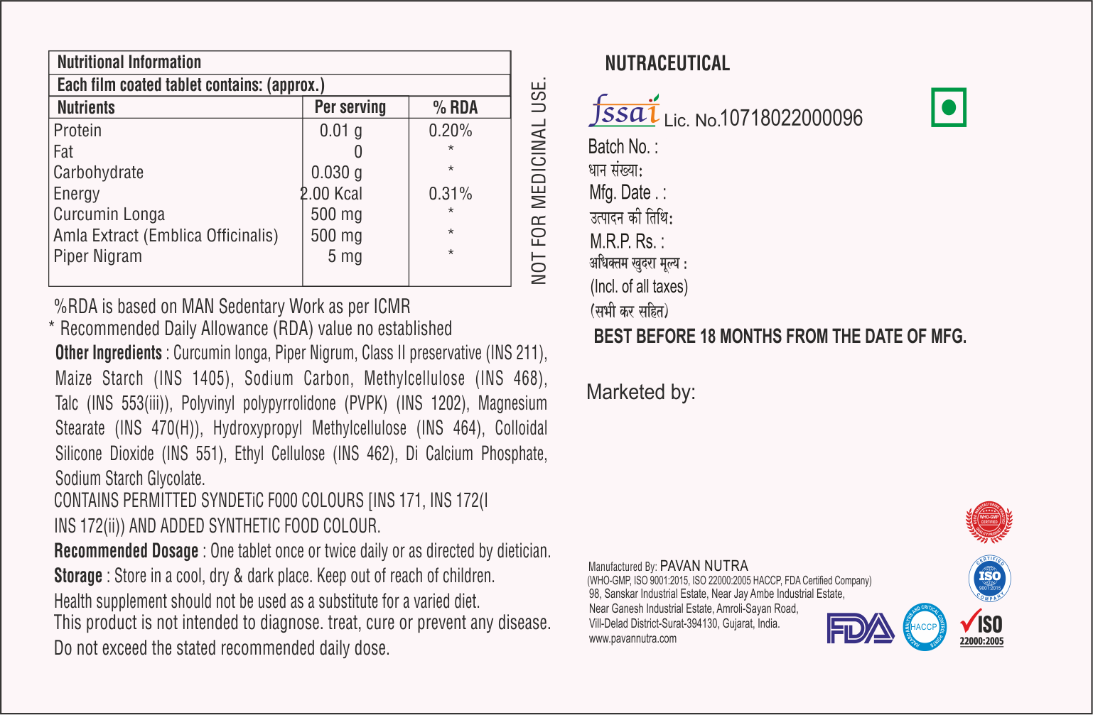 Curcumin Longa With Amla Extract And Piper Nigram Tablet