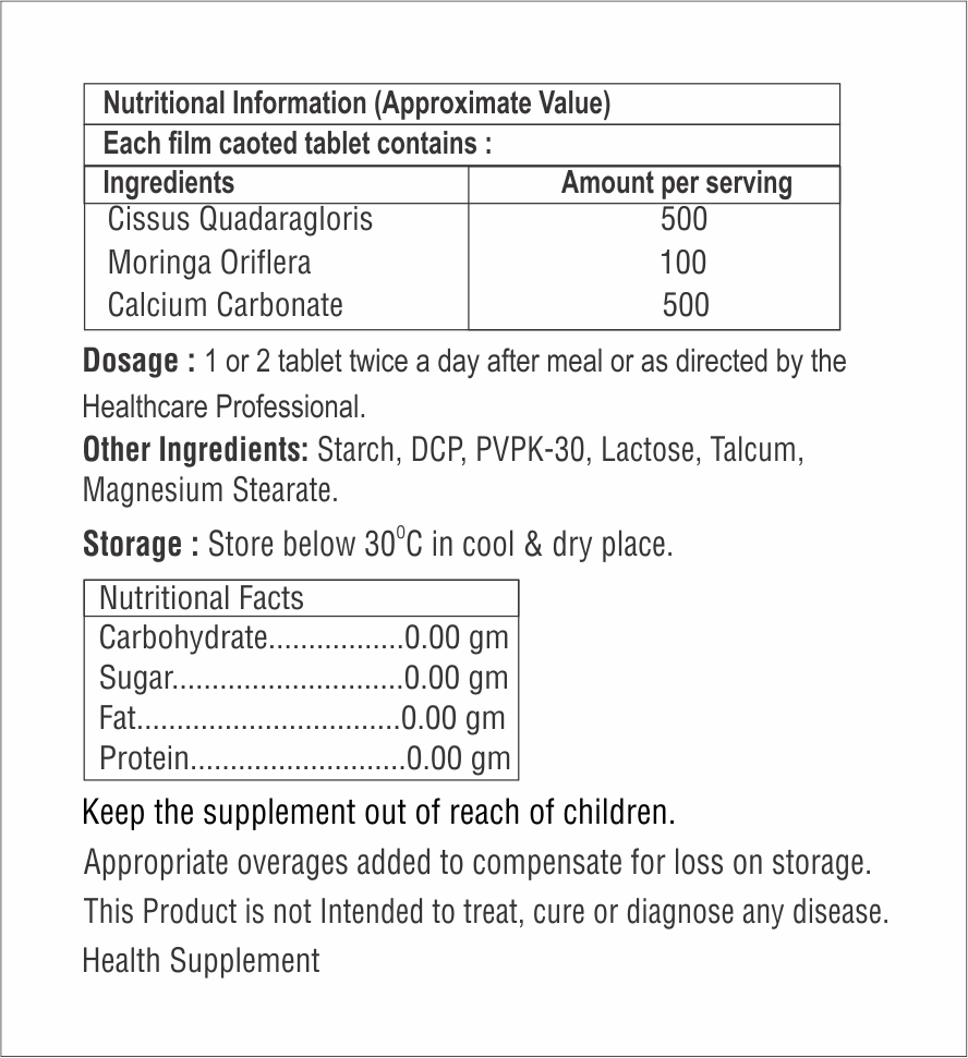 Cissus Quadaragloris With Moringa Oriflera And Calcium Carbonate Tablet