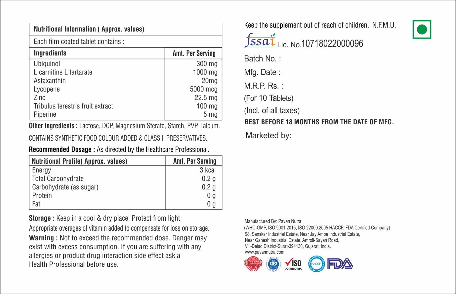 Ubiquinol With Lycopene And Piperine Tablet - Origin: India