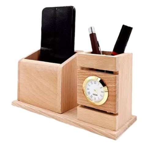 CUSTOMIZED WOODEN PEN STAND - Wood, 10x5x7 inch, Light Brown | Quartz Clock, Mobile Holder, Organized Desk, Stylish Design, Pen & Card Slots